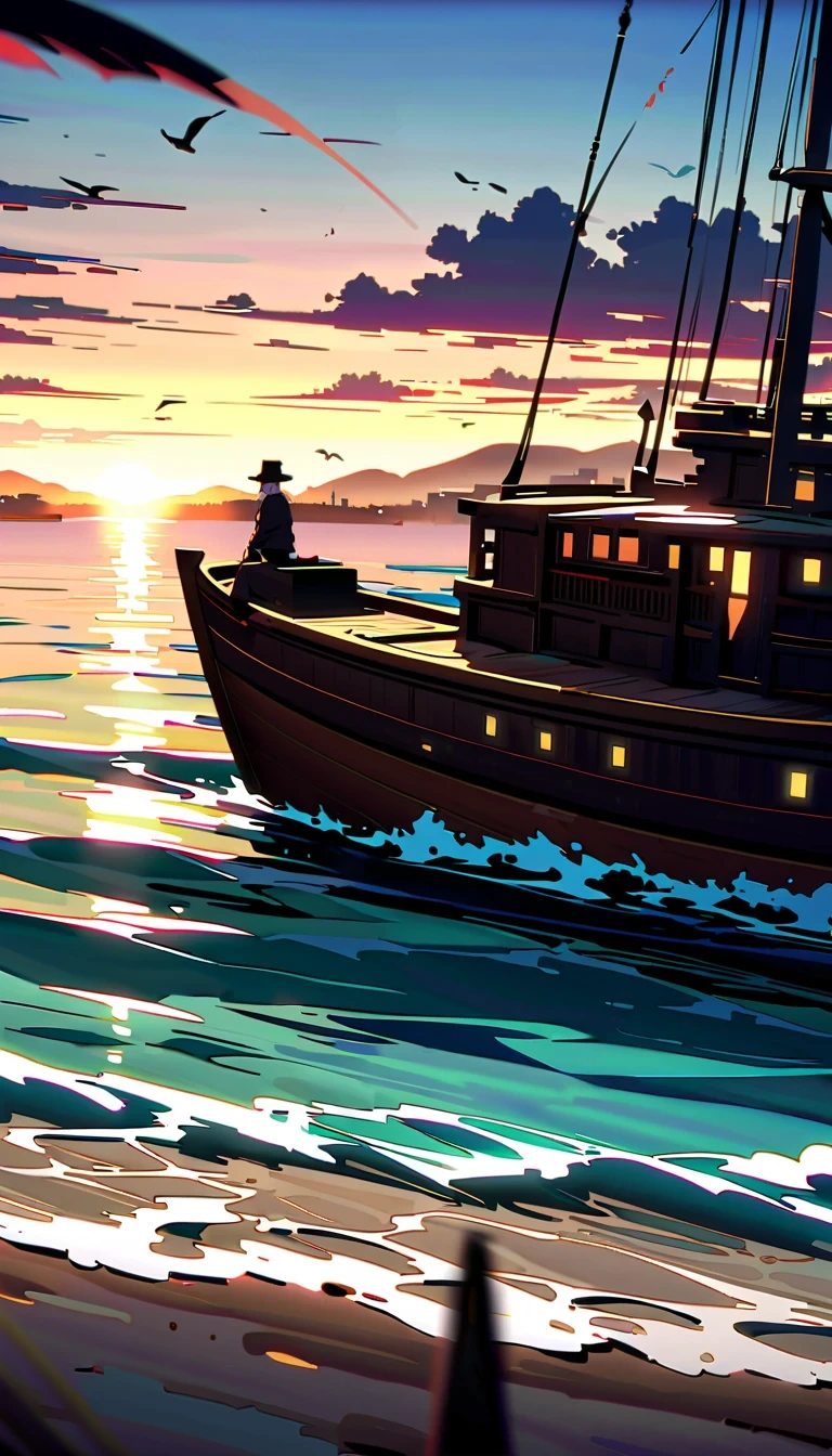 In this anime scene,A Chinese swordsman sits on the bow of an ancient ship,He wears black armor and hat,head resting on one arm。The huge sun in the sky shines brightly,The clouds show a gradient of lavender and white,Create a spectacular sunset scene。The boat sails slowly on the calm water,Buildings in the distance are illuminated by the setting sun,Adds a sense of mystery。Birds soar through the air,Add movement to the picture。The overall atmosphere is peaceful and mysterious,Be one with nature、with artistic elements,Presenting scenes that are both real and surreal。close-up composition,Character and ship alignment,depth of field。