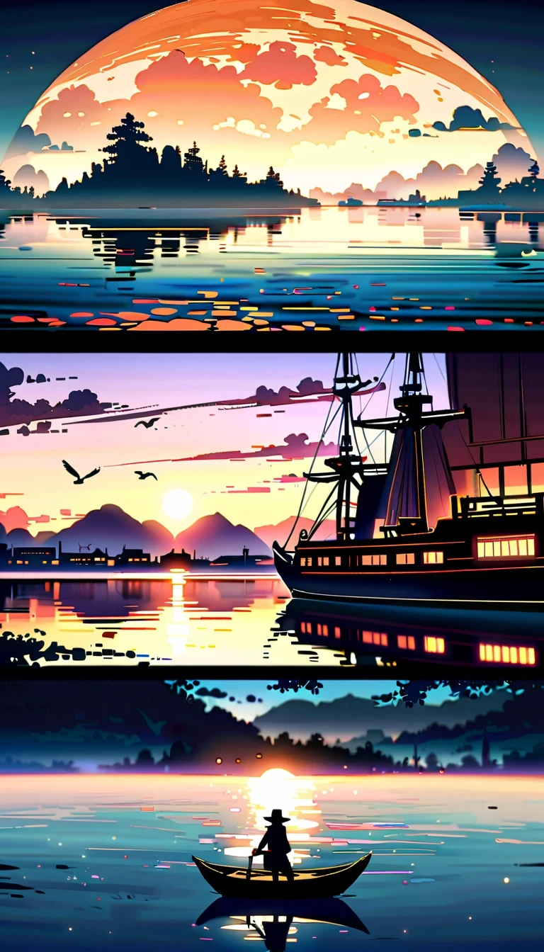 In this anime scene,A Chinese swordsman sits on the bow of an ancient ship,He wears black armor and hat,head resting on one arm。The huge sun in the sky shines brightly,The clouds show a gradient of lavender and white,Create a spectacular sunset scene。The boat sails slowly on the calm water,Buildings in the distance are illuminated by the setting sun,Adds a sense of mystery。Birds soar through the air,Add movement to the picture。The overall atmosphere is peaceful and mysterious,Be one with nature、with artistic elements,Presenting scenes that are both real and surreal。close-up composition,Character and ship alignment,depth of field。
