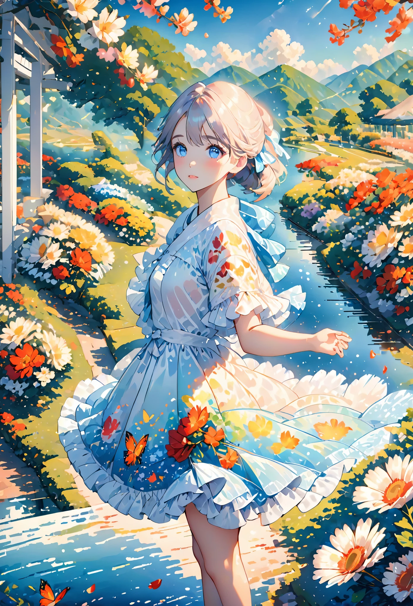 (masterpiece, best quality:1.2), illustration, absurdres, highres, extremely detailed, 1 girl, white short hair, eye highlights, dress, short puffy sleeves, frills, outdoors, flower, fluttering petals, full body, depth of field,chromatic aberration abuse,pastel color, Depth of field,garden of the sun,shiny,flowers, garden, 1girl, butterfly style, butterflies, ultra detailed, glary,Light, light particles,glitter,reflect,Put one hand on your chest,C4D,3D,bright,outdoors,gifts,candys,More details,flower ocean,winter,snowflakes,splashing water,falling petals,beautiful and delicate water,((beautiful eyes)),very delicate light,perfect and delicate limbs,nature,painting,water spray,fine luminescence,very fine 8K CG wallpaper,Lavender eyes,pink pupils,whole body,bright eyes,(an extremely delicate and beautiful girl:1.4),big eyes,eye highlights,watery eyes,looking_at_viewer,outdoors,look at the screen,Touching,