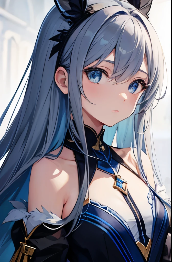 magazine cover, anime, woman, alone, long hair, gray hair, blue eyes, model, beautiful, half body portrait, fantasy, ice. casual clothes. hair accessory. unusual hairstyle.