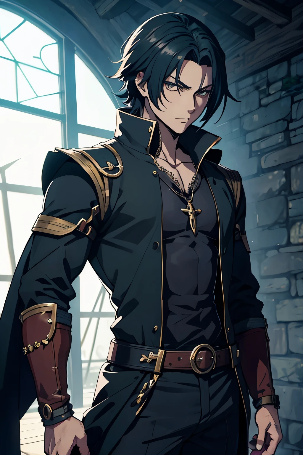 anime character with black pants, bota preta, camisa curta preta, cabelo preto curto, olho verde, standing in kingdom in medieval times, full portrait of the magic knight, paladino masculino, handsome guy in demon slayer art, paladino masculino, badass anime 8 k, arte oficial do personagem, personagem de anime masculino, macho atraente , gothic knight, vestindo roupas bonitas preta, eu era o ponto, arte detalhada de personagem de anime, anime homem bonito, corpo inteiro, camisa curta, musculoso