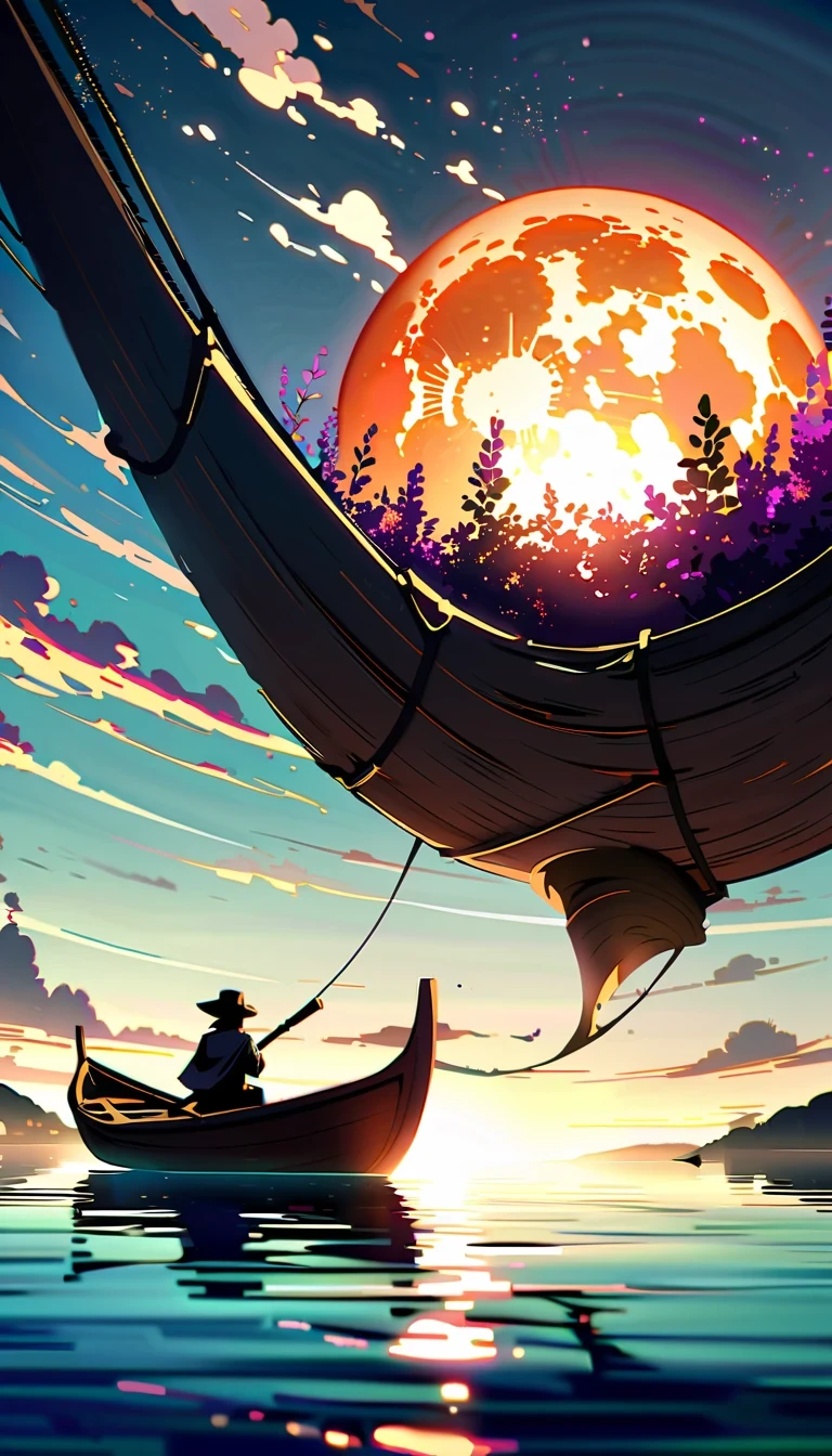 In this anime scene，A Chinese swordsman sits on the bow of an ancient ship，He wears black armor and hat，head resting on one arm。The huge sun in the sky shines brightly，The clouds show a gradient of lavender and white，Create a spectacular sunset scene。The boat sails slowly on the calm water，Buildings in the distance are illuminated by the setting sun，Adds a sense of mystery。Birds soar through the air，Add movement to the picture。The overall atmosphere is peaceful and mysterious，Be one with nature、with artistic elements，Presenting scenes that are both real and surreal。close-up composition，Character and ship alignment，depth of field。