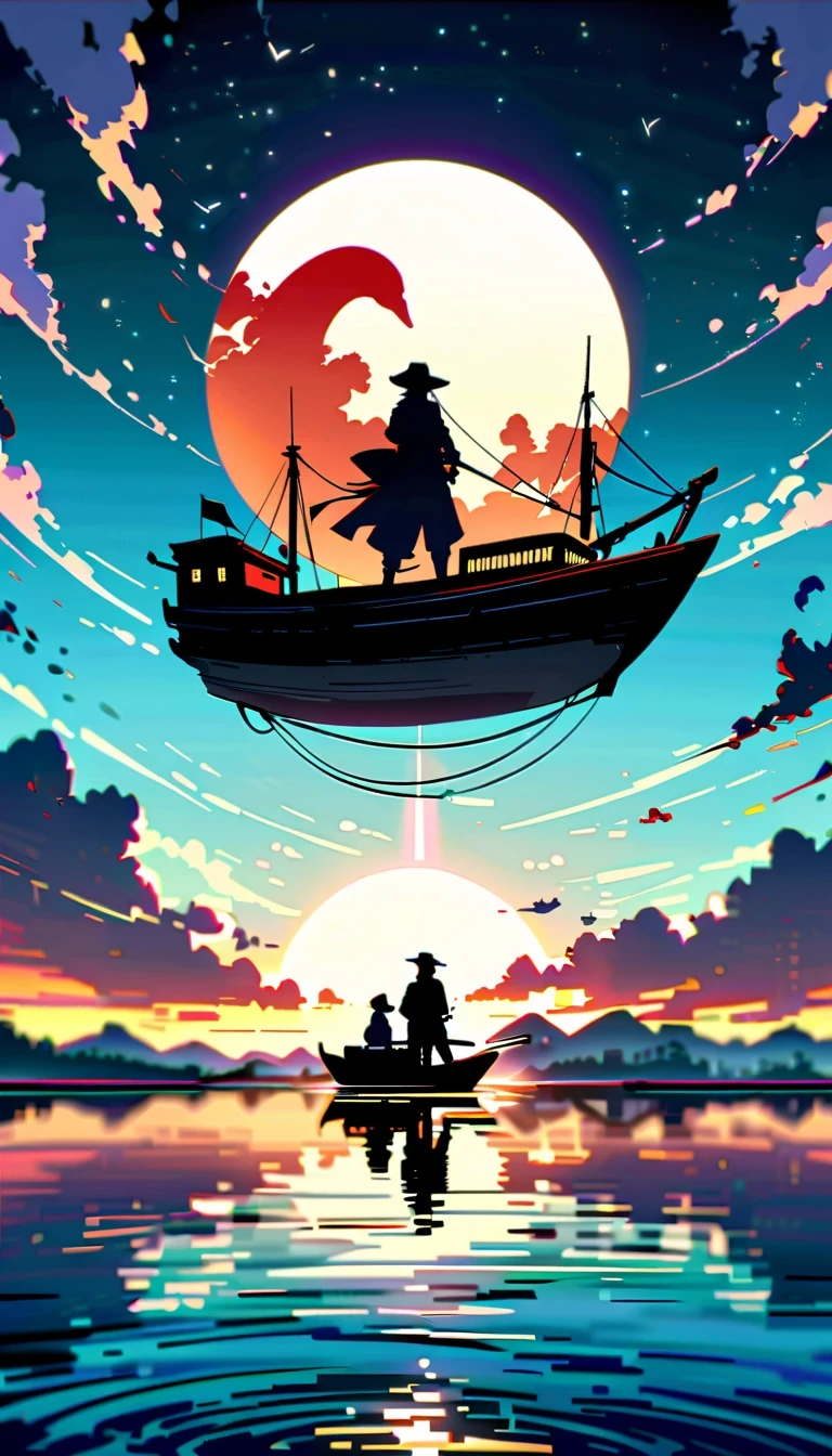 In this anime scene,A Chinese swordsman sits on the bow of an ancient ship,He wears black armor and hat,head resting on one arm。The huge sun in the sky shines brightly,The clouds show a gradient of lavender and white,Create a spectacular sunset scene。The boat sails slowly on the calm water,Buildings in the distance are illuminated by the setting sun,Adds a sense of mystery。Birds soar through the air,Add movement to the picture。The overall atmosphere is peaceful and mysterious,Be one with nature、with artistic elements,Presenting scenes that are both real and surreal。close-up composition,Character and ship alignment,depth of field。