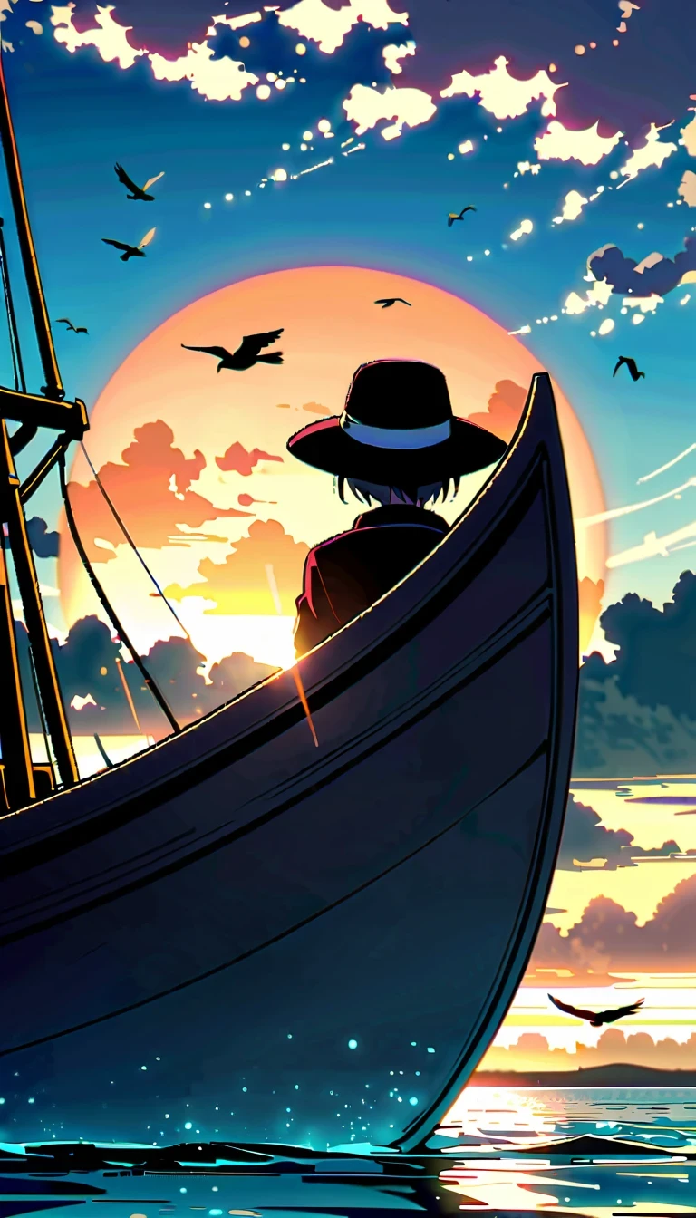 In this anime scene,A Chinese swordsman sits on the bow of an ancient ship,He wears black armor and hat,head resting on one arm。The huge sun in the sky shines brightly,The clouds show a gradient of lavender and white,Create a spectacular sunset scene。The boat sails slowly on the calm water,Buildings in the distance are illuminated by the setting sun,Adds a sense of mystery。Birds soar through the air,Add movement to the picture。The overall atmosphere is peaceful and mysterious,Be one with nature、with artistic elements,Presenting scenes that are both real and surreal。close-up composition,Character and ship alignment,depth of field。
