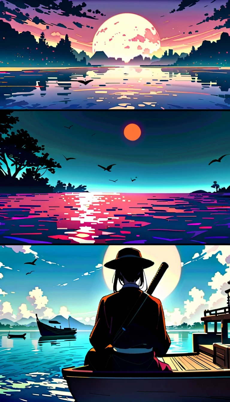 In this anime scene，A Chinese swordsman sits on the bow of an ancient ship，He wears black armor and hat，head resting on one arm。The huge sun in the sky shines brightly，The clouds show a gradient of lavender and white，Create a spectacular sunset scene。The boat sails slowly on the calm water，Buildings in the distance are illuminated by the setting sun，Adds a sense of mystery。Birds soar through the air，Add movement to the picture。The overall atmosphere is peaceful and mysterious，Be one with nature、with artistic elements，Presenting scenes that are both real and surreal。close-up composition，Character and ship alignment，depth of field。