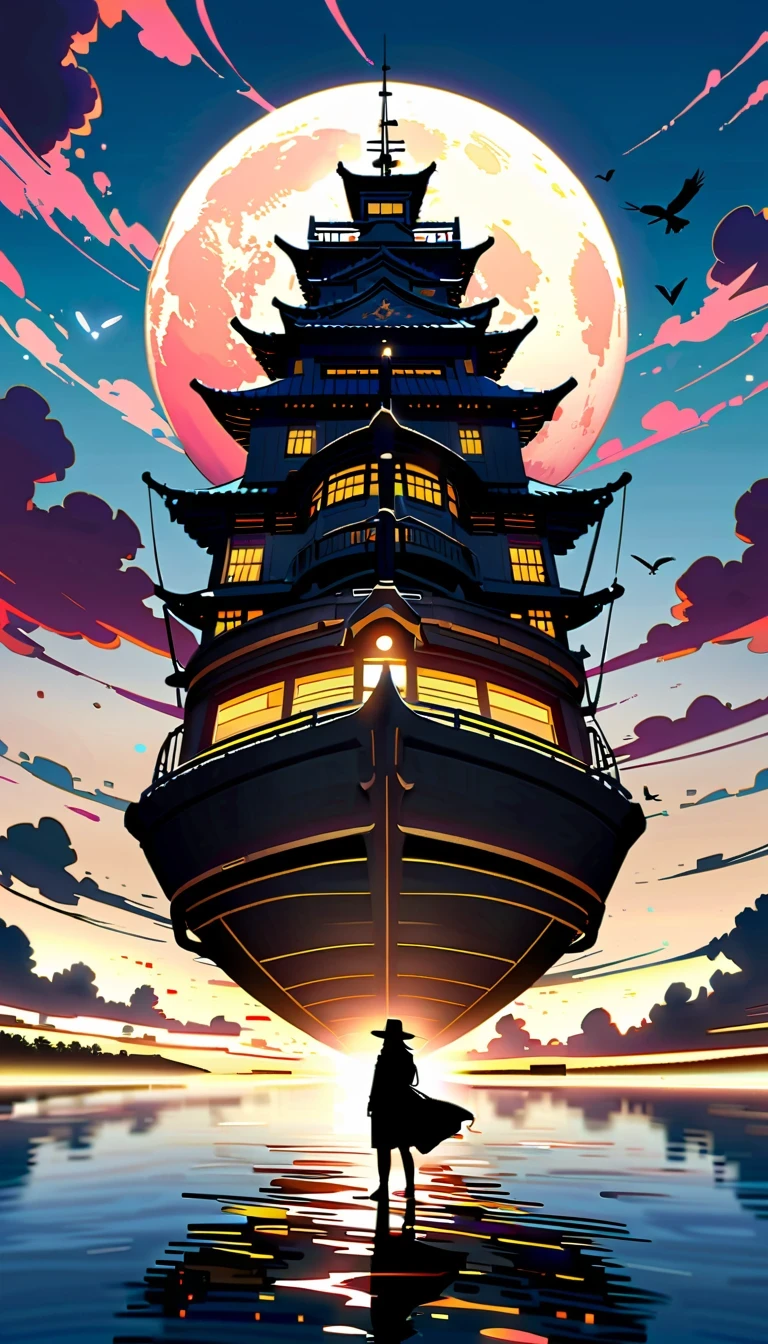 In this anime scene，A Chinese swordsman sits on the bow of an ancient ship，He wears black armor and hat，head resting on one arm。The huge sun in the sky shines brightly，The clouds show a gradient of lavender and white，Create a spectacular sunset scene。The boat sails slowly on the calm water，Buildings in the distance are illuminated by the setting sun，Adds a sense of mystery。Birds soar through the air，Add movement to the picture。The overall atmosphere is peaceful and mysterious，Be one with nature、with artistic elements，Presenting scenes that are both real and surreal。close-up composition，Character and ship alignment，depth of field。