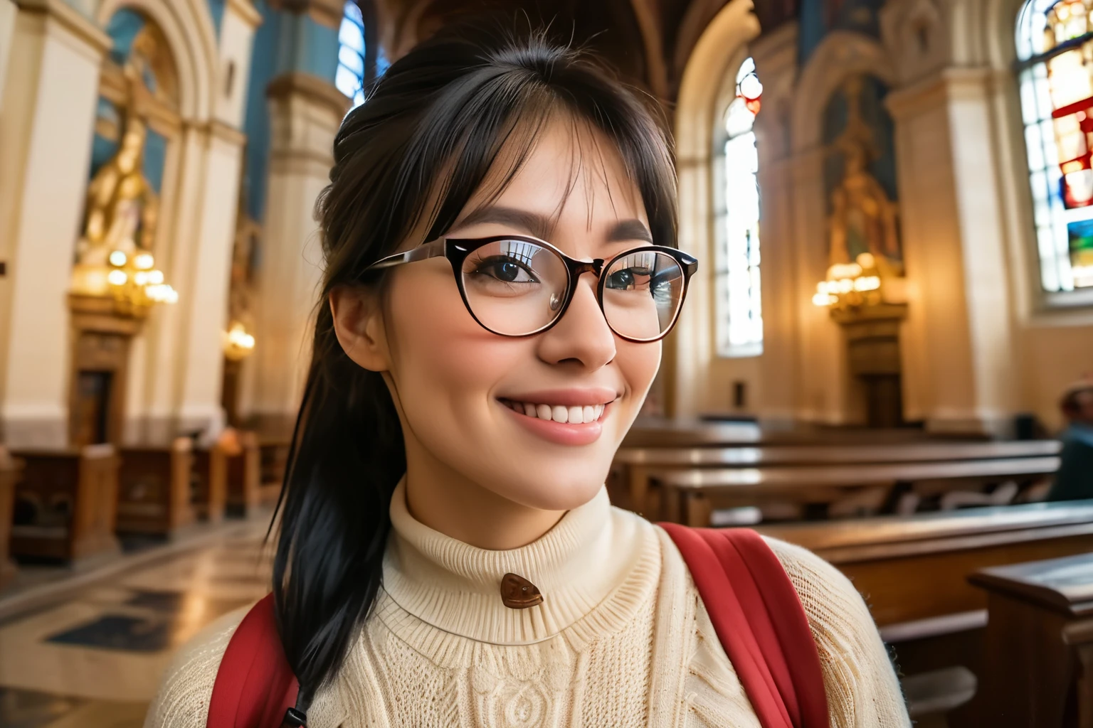 ((wide angle)) beautiful female tourist, black hair tied in a ponytail, bangs, wearing large glasses, smiling mouth, ((wearing a preppy style outfit)) morning light, Church Of The Savior On Blood