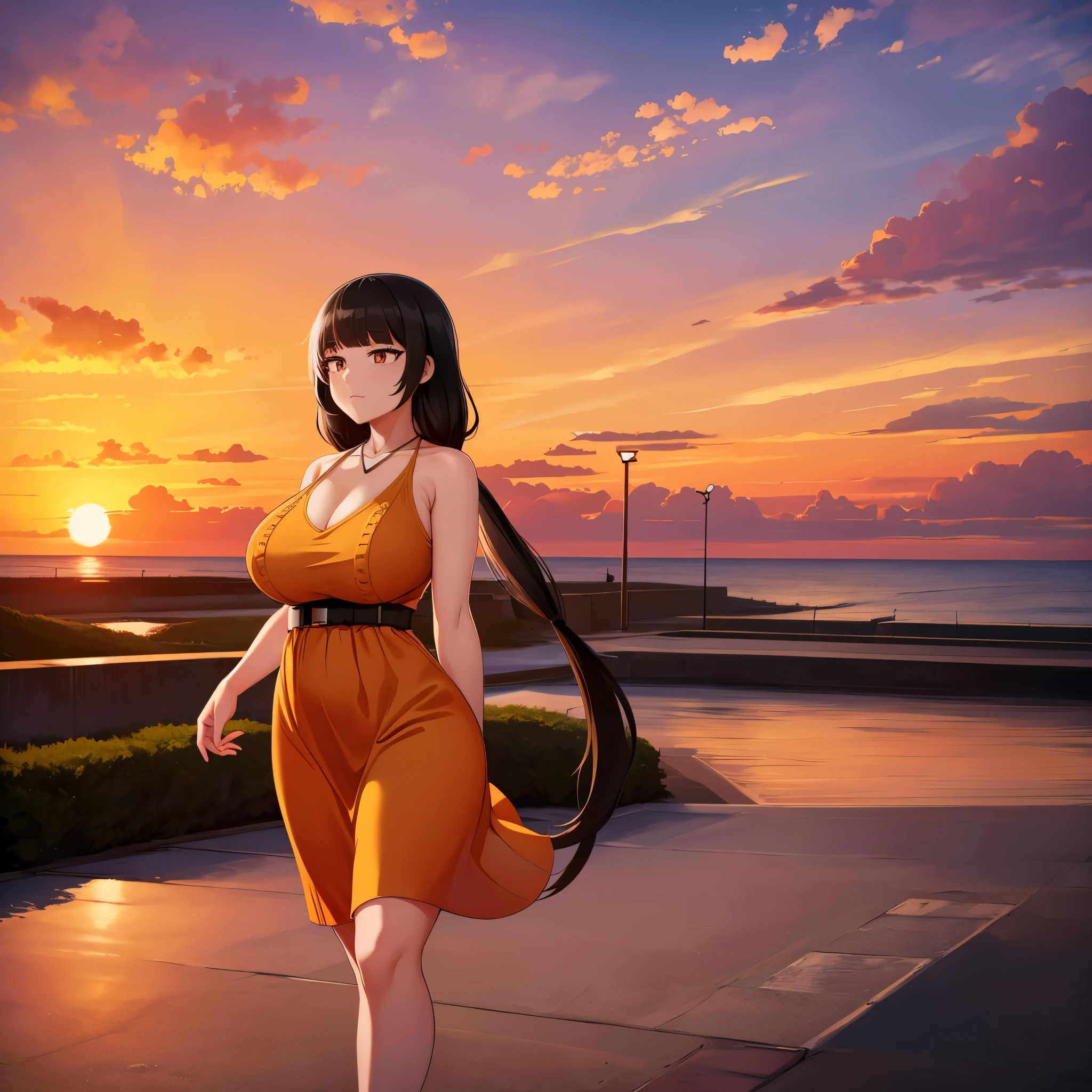 A woman in an orange dress, black hair, white bangs, big breasts, on a rooftop, with a beach in the background, sunset, artwork, ultra resolution, 4k.
