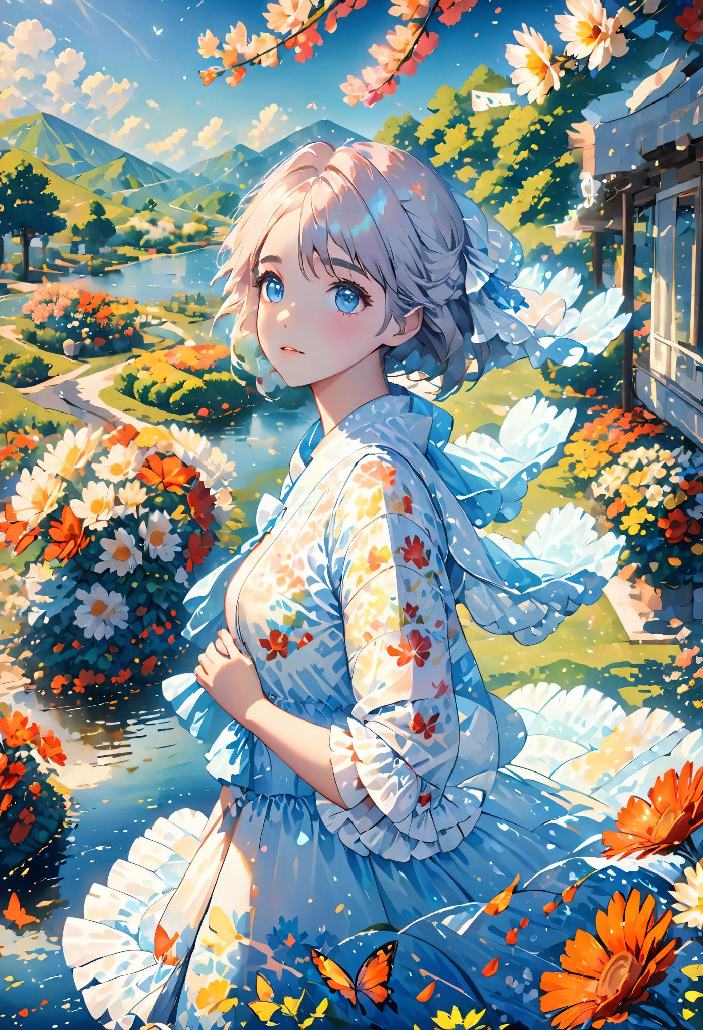 (masterpiece, best quality:1.2), illustration, absurdres, highres, extremely detailed, 1 girl, white short hair, eye highlights, dress, short puffy sleeves, frills, outdoors, flower, fluttering petals, full body, depth of field,chromatic aberration abuse,pastel color, Depth of field,garden of the sun,shiny,flowers, garden, 1girl, butterfly style, butterflies, ultra detailed, glary,Light, light particles,glitter,reflect,Put one hand on your chest,C4D,3D,bright,outdoors,gifts,candys,More details,flower ocean,winter,snowflakes,splashing water,falling petals,beautiful and delicate water,((beautiful eyes)),very delicate light,perfect and delicate limbs,nature,painting,water spray,fine luminescence,very fine 8K CG wallpaper,Lavender eyes,pink pupils,whole body,bright eyes,(an extremely delicate and beautiful girl:1.4),big eyes,eye highlights,watery eyes,looking_at_viewer,outdoors,look at the screen,Touching,