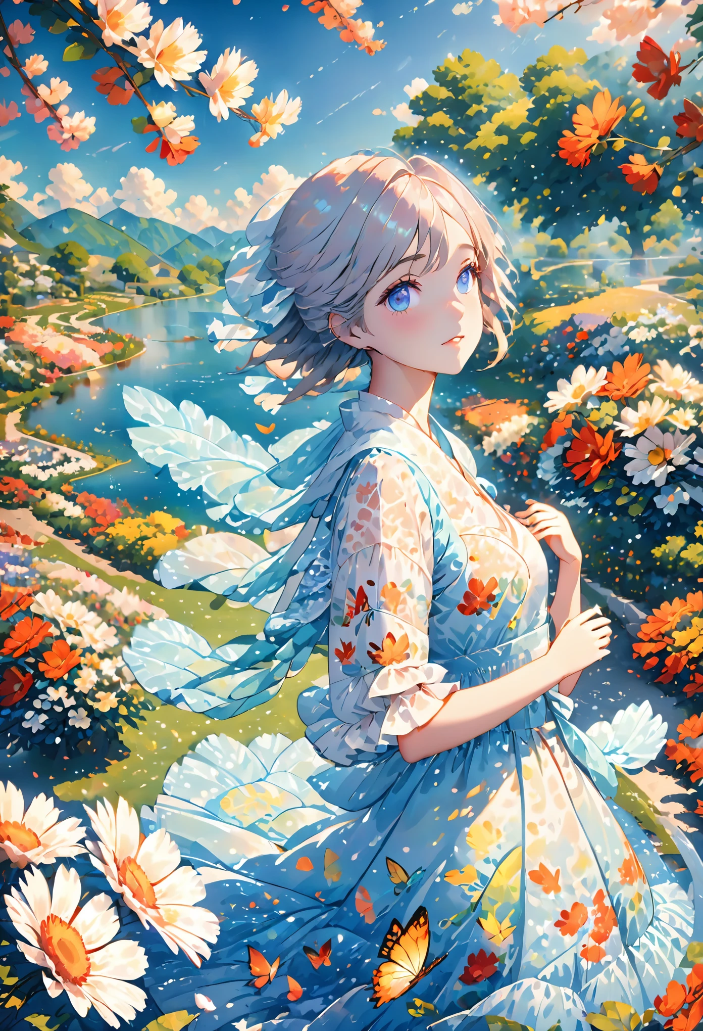 (masterpiece, best quality:1.2), illustration, absurdres, highres, extremely detailed, 1 girl, white short hair, eye highlights, dress, short puffy sleeves, frills, outdoors, flower, fluttering petals, full body, depth of field,chromatic aberration abuse,pastel color, Depth of field,garden of the sun,shiny,flowers, garden, 1girl, butterfly style, butterflies, ultra detailed, glary,Light, light particles,glitter,reflect,Put one hand on your chest,C4D,3D,bright,outdoors,gifts,candys,More details,flower ocean,winter,snowflakes,splashing water,falling petals,beautiful and delicate water,((beautiful eyes)),very delicate light,perfect and delicate limbs,nature,painting,water spray,fine luminescence,very fine 8K CG wallpaper,Lavender eyes,pink pupils,whole body,bright eyes,(an extremely delicate and beautiful girl:1.4),big eyes,eye highlights,watery eyes,looking_at_viewer,outdoors,look at the screen,Touching,