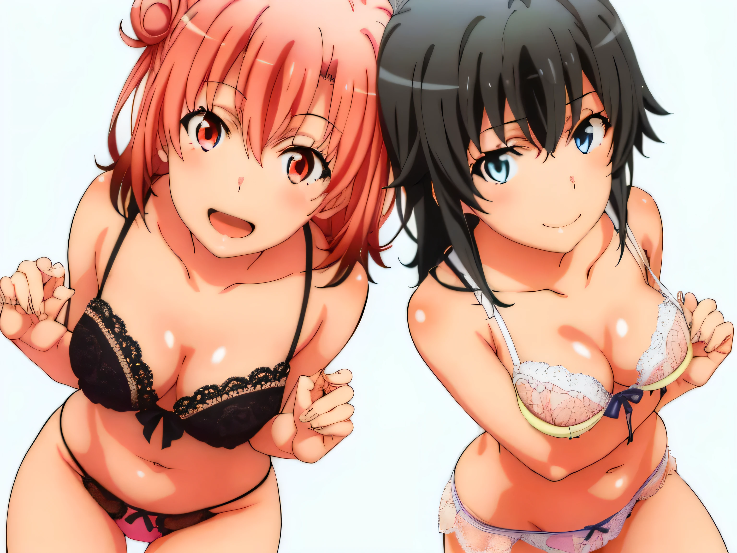 2 girls , (yuigahama yui&#39;bust and thighs are great),(Yukinoshita Yukino),,In underwear,they have their hands behind their backs,good,belly button,,(white panties:1.0),(pink panties:1.0),(thighs),knees,((high angle)),(beautiful eyes),look at the camera,open your mouth,smile,Insert your head