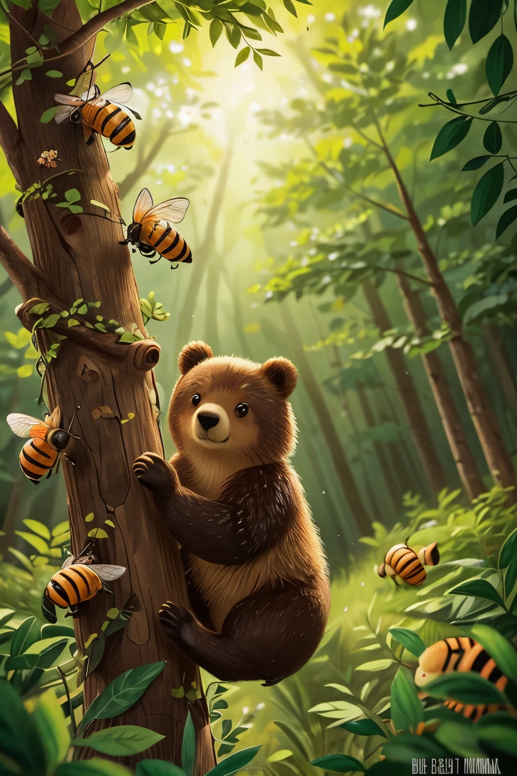 （A little bear is climbing a tree in the forest. He is surrounded by bees.），it is surrounded by little bees