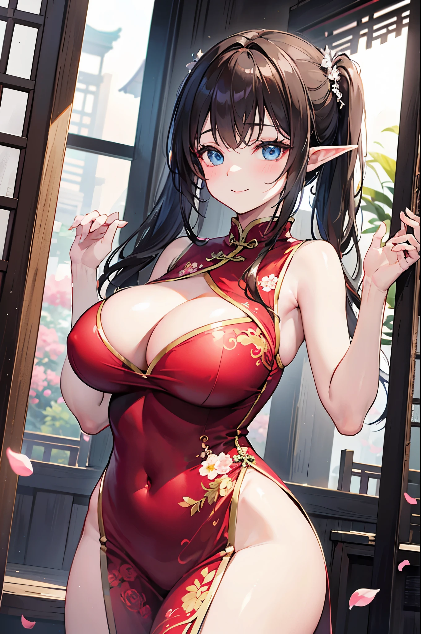 realistic image, coherent image, detailed image, 1 beautiful elf. She has brown hair, long hair, tied up with two pigtails. Blue eyes, long eyelashes. Her face is oval and delicate. Smiling. She wears a red Cheongsam, side slits. She has a curvy body, big breasts and thick thighs. Chinese temple, flower petals falling around. ambient light, volumetric light,