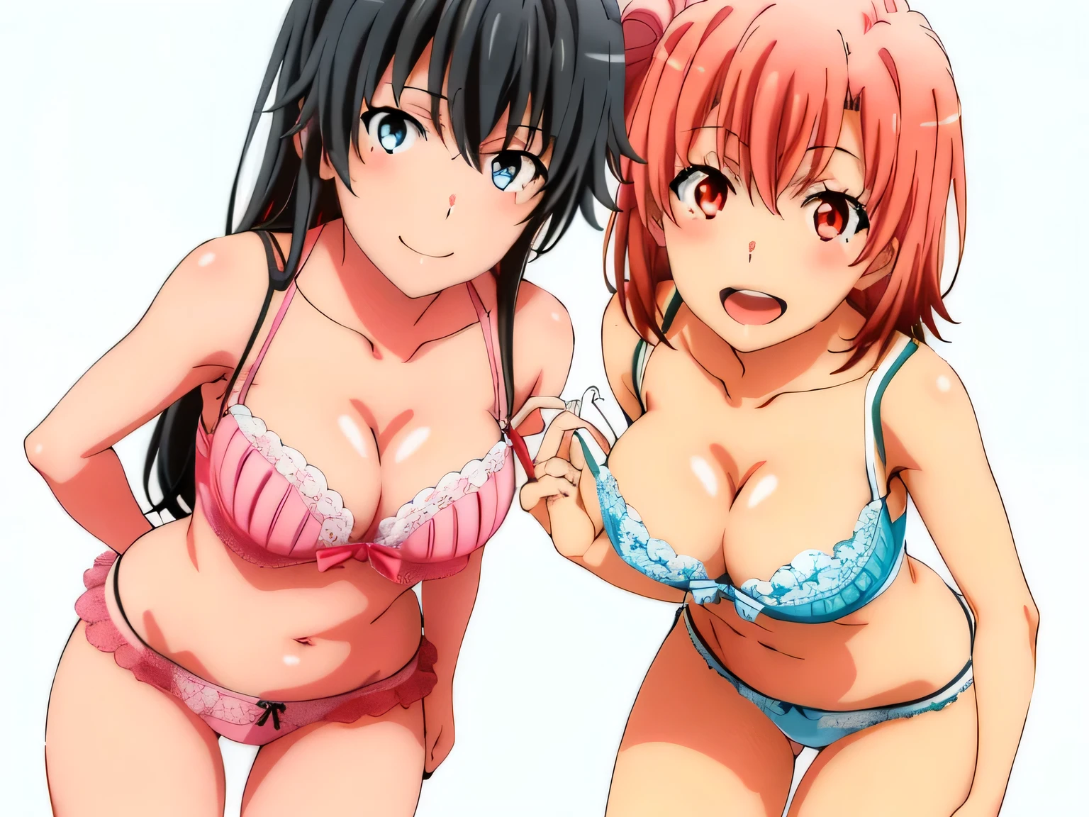 2 girls , (yuigahama yui&#39;bust and thighs are great),(Yukinoshita Yukino),,In underwear,they have their hands behind their backs,white bra,pink bra,belly button,,(white panties:1.0),(pink panties:1.0),(thighs),knees,((high angle)),(beautiful eyes),look at the camera,open your mouth,smile,Insert your head