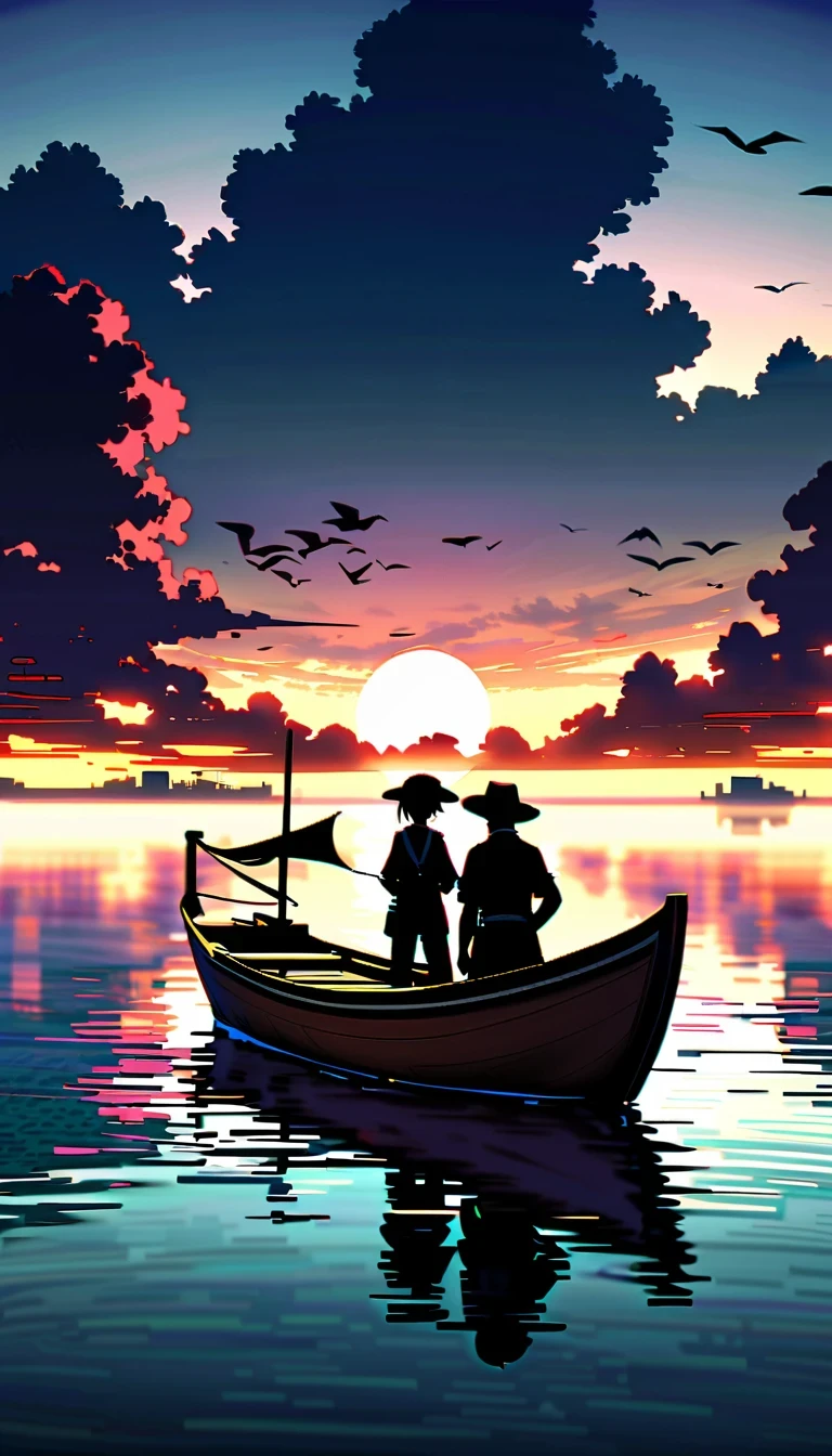 In this anime scene,A Chinese swordsman sits on the bow of an ancient ship,He wears black armor and hat,head resting on one arm。The huge sun in the sky shines brightly,The clouds show a gradient of lavender and white,Create a spectacular sunset scene。The boat sails slowly on the calm water,Buildings in the distance are illuminated by the setting sun,Adds a sense of mystery。Birds soar through the air,Add movement to the picture。The overall atmosphere is peaceful and mysterious,Be one with nature、with artistic elements,Presenting scenes that are both real and surreal。close-up composition,Character and ship alignment,depth of field。