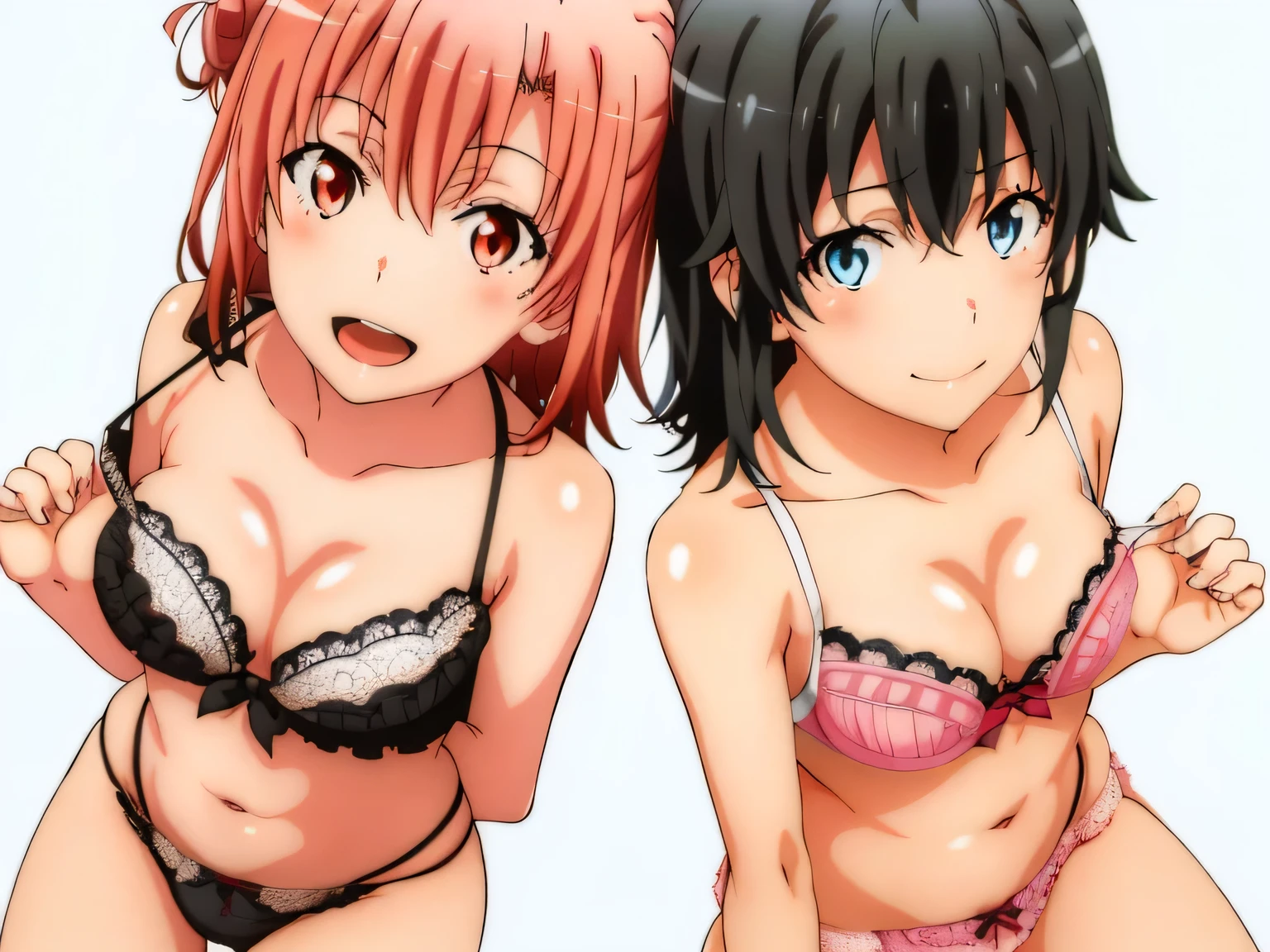 2 girls , (yuigahama yui&#39;bust and thighs are great),(Yukinoshita Yukino),,In underwear,they have their hands behind their backs,white bra,pink bra,belly button,,(white panties:1.0),(pink panties:1.0),(thighs),knees,((high angle)),(beautiful eyes),look at the camera,open your mouth,smile,Insert your head