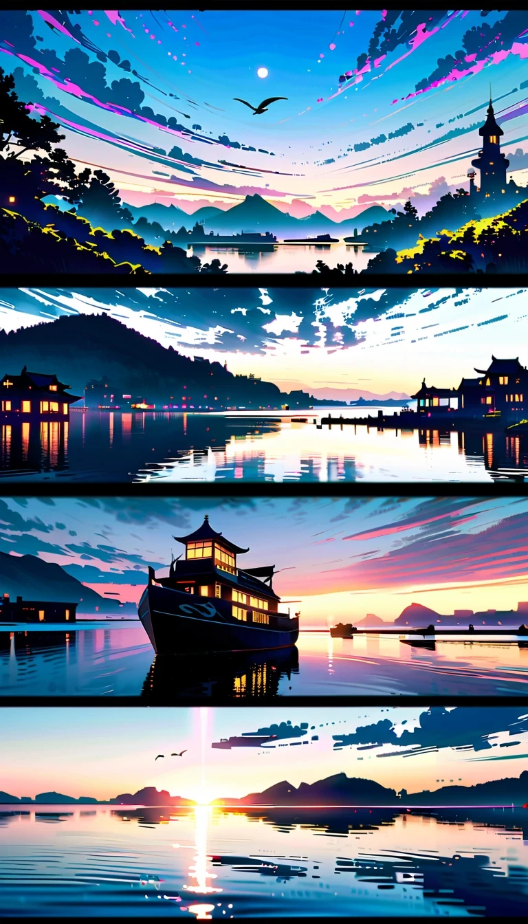 In this anime scene，A Chinese swordsman sits on the bow of an ancient ship，He wears black armor and hat，head resting on one arm。The huge sun in the sky shines brightly，The clouds show a gradient of lavender and white，Create a spectacular sunset scene。The boat sails slowly on the calm water，Buildings in the distance are illuminated by the setting sun，Adds a sense of mystery。Birds soar through the air，Add movement to the picture。The overall atmosphere is peaceful and mysterious，Be one with nature、with artistic elements，Presenting scenes that are both real and surreal。close-up composition，Character and ship alignment，depth of field。