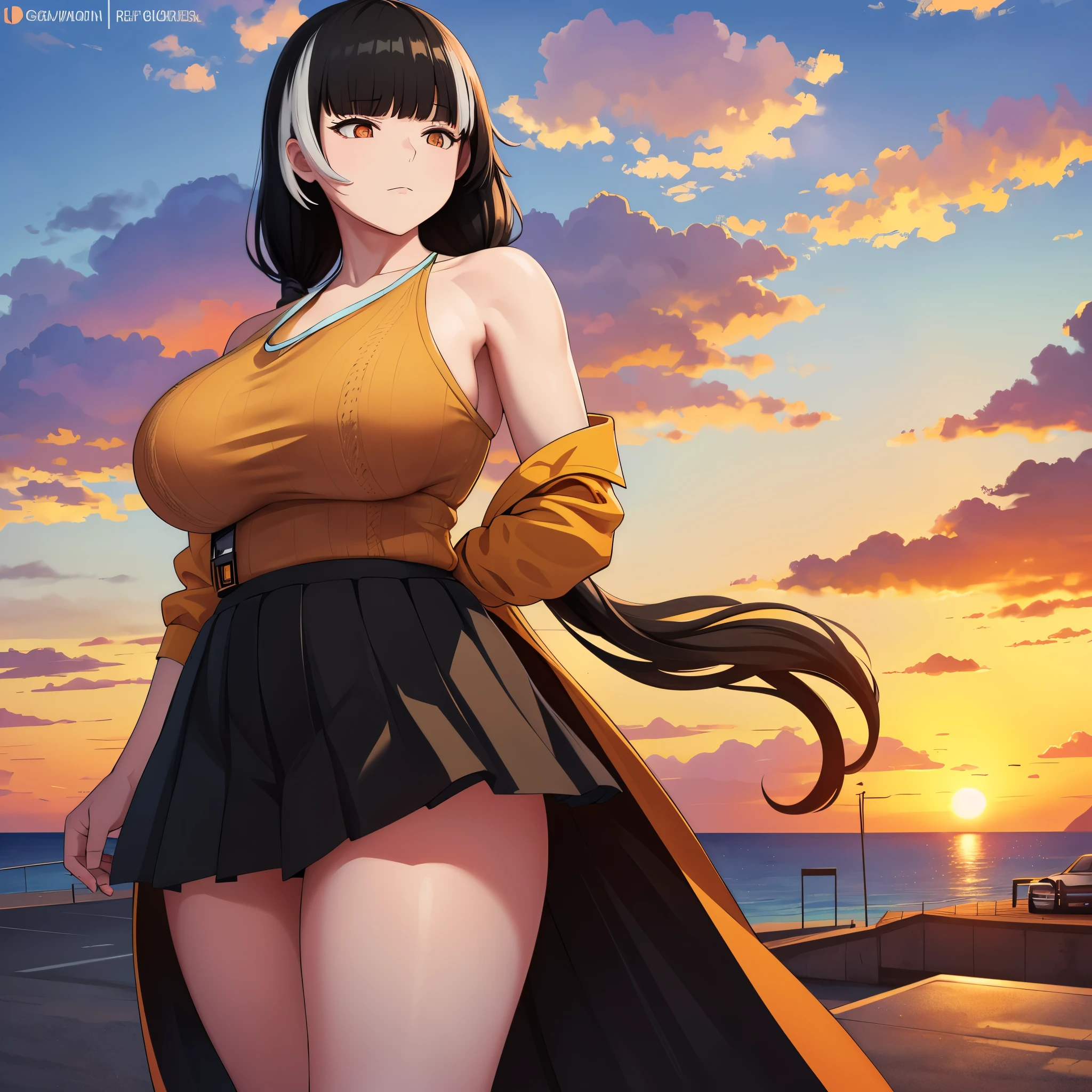 A woman in an orange dress, black hair, white bangs, big breasts, on a rooftop, with a beach in the background, sunset, artwork, ultra resolution, 4k.
