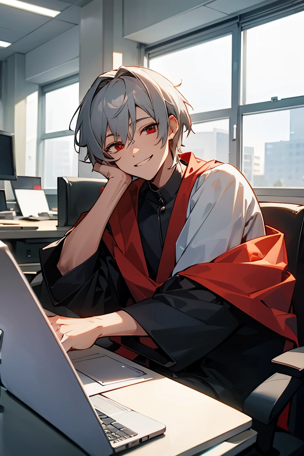 gray-haired red-eyed young smiling sitting at a laptop in the office he is alone in the photo and in a 