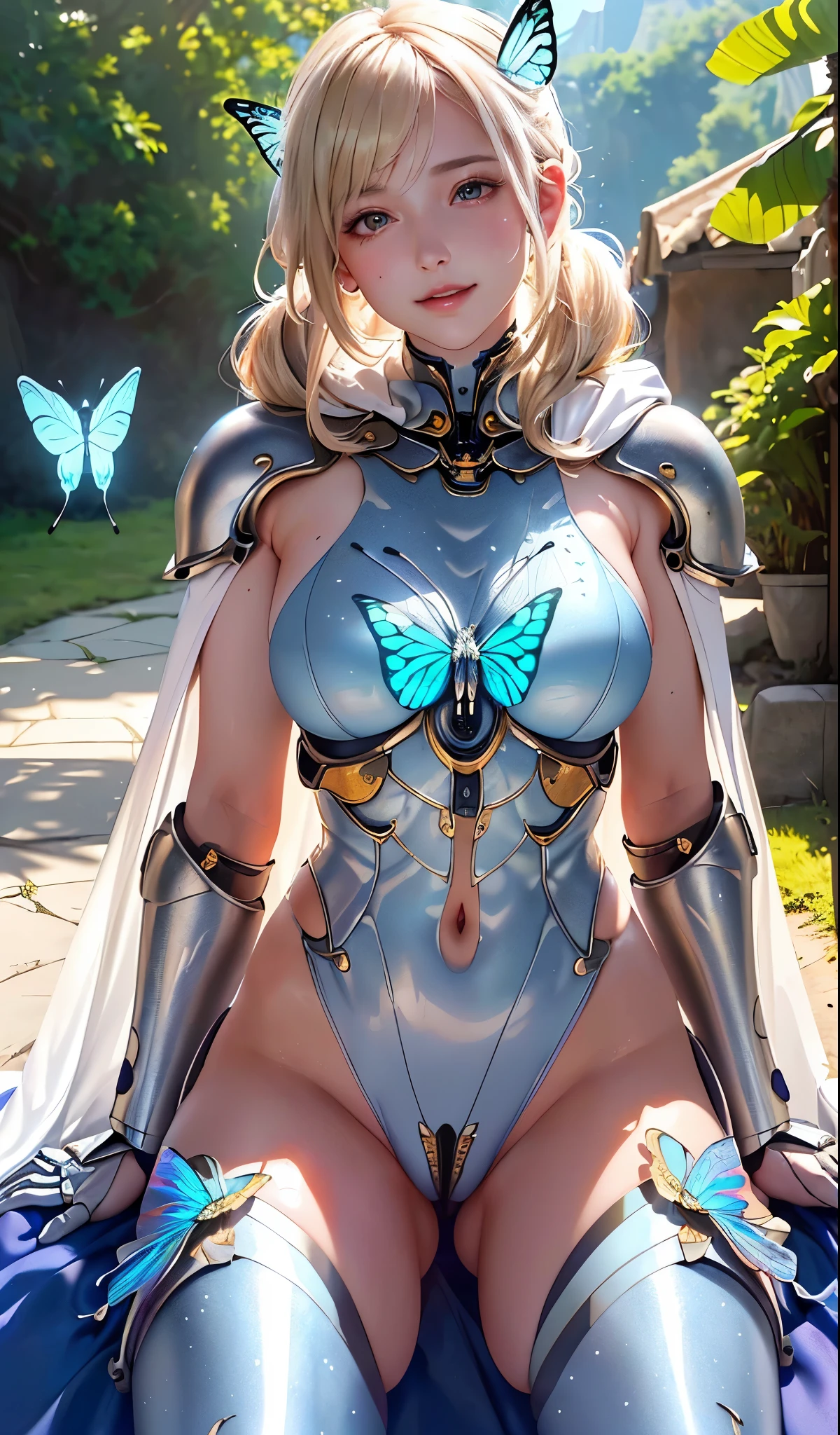 masterpiece, best quality, extremely detailed CG unity 8k wallpaper, (Upper Body head close-up shot of a beautiful Skeleton robot girl), , Elegant Long  straight blonde twintails hair, (Mckenna Grace), ((thighs,Pubic hair)),(covered in milk，pee, urination),, ((,  Cape)), ((transparent Glittering Scales  Mechanical Armor butterfly)), ((Selfie,spread legs)), (Blush), oil skin, (seductive smile),(,), (outdoors), pretty face, key art, award winning, intricate detail realism hdr, by (ruan jia and artgerm and range murata), Photorealism, Hyperrealism, ultra realistic, dramatic light, intense shadows, gorgeous view, depth of field
 