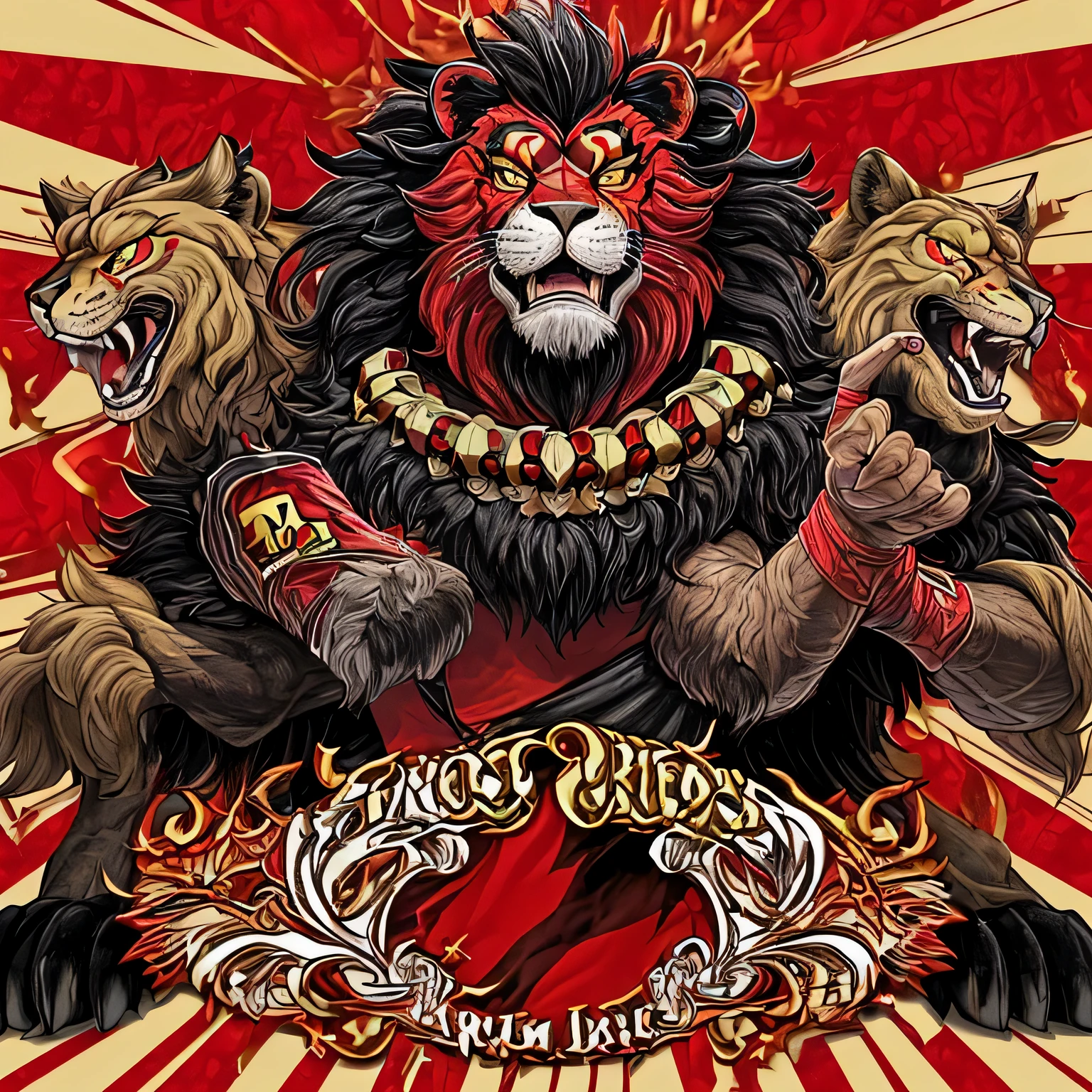 This Sport Club Recife lion mascot has a luxurious mane in vibrant shades of red and black, que se destacam com intensidade. Its coat is adorned with intricate patterns that resemble the texture of football nets..., simbolizando o clube&#39;tenacity and determination.the lion&#39;Os olhos brilham em um tom profundo de vermelho, irradiando uma energia feroz e apaixonada. Its fangs are sharp and carved in a shiny black tone.., representing the strength and aggressiveness of the team on the field.Cada um dos mascotes&#39;the front paws are wrapped in red and black bandages., gravado com os nomes do clube&#39;Legendary Players, honoring its history and legacy. Its tail is robust and elegant, with alternating rings of red and black that move gracefully as he moves.To complement your appearance, he wears a red and black captain&#39;s cape, com o emblema do clube em destaque, convey authority and leadership. This Sport Club Recife lion mascot is a powerful representation of determination, courage and passion of the club, captivating the hearts of fans with his imposing and unique presence.