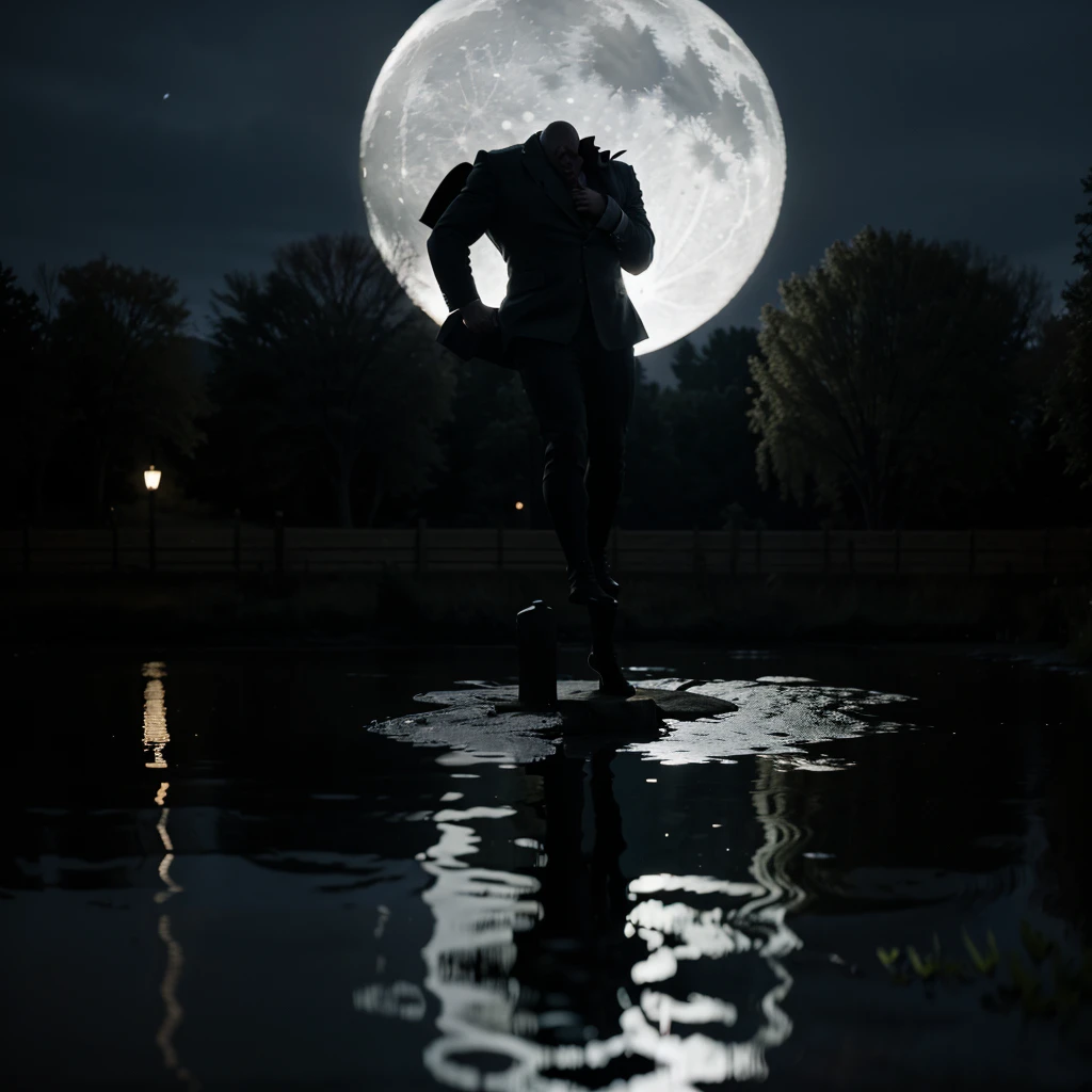DC's solomon grundy on a moonlit night, arguing with his reflection in a pond