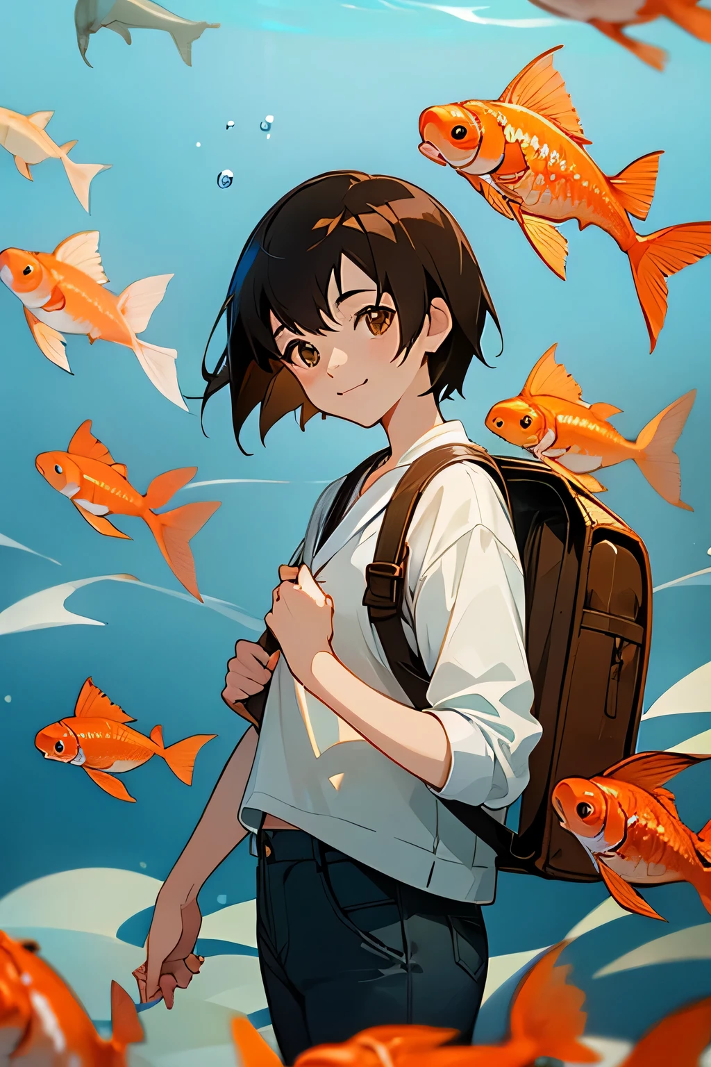 beautiful cute smiling anime girl with short brown hair and a brown backpack on her shoulders, holds in his hand an orange koi fish with white spots, background completely black, Everything in the anime style of Makoto Shinkai.