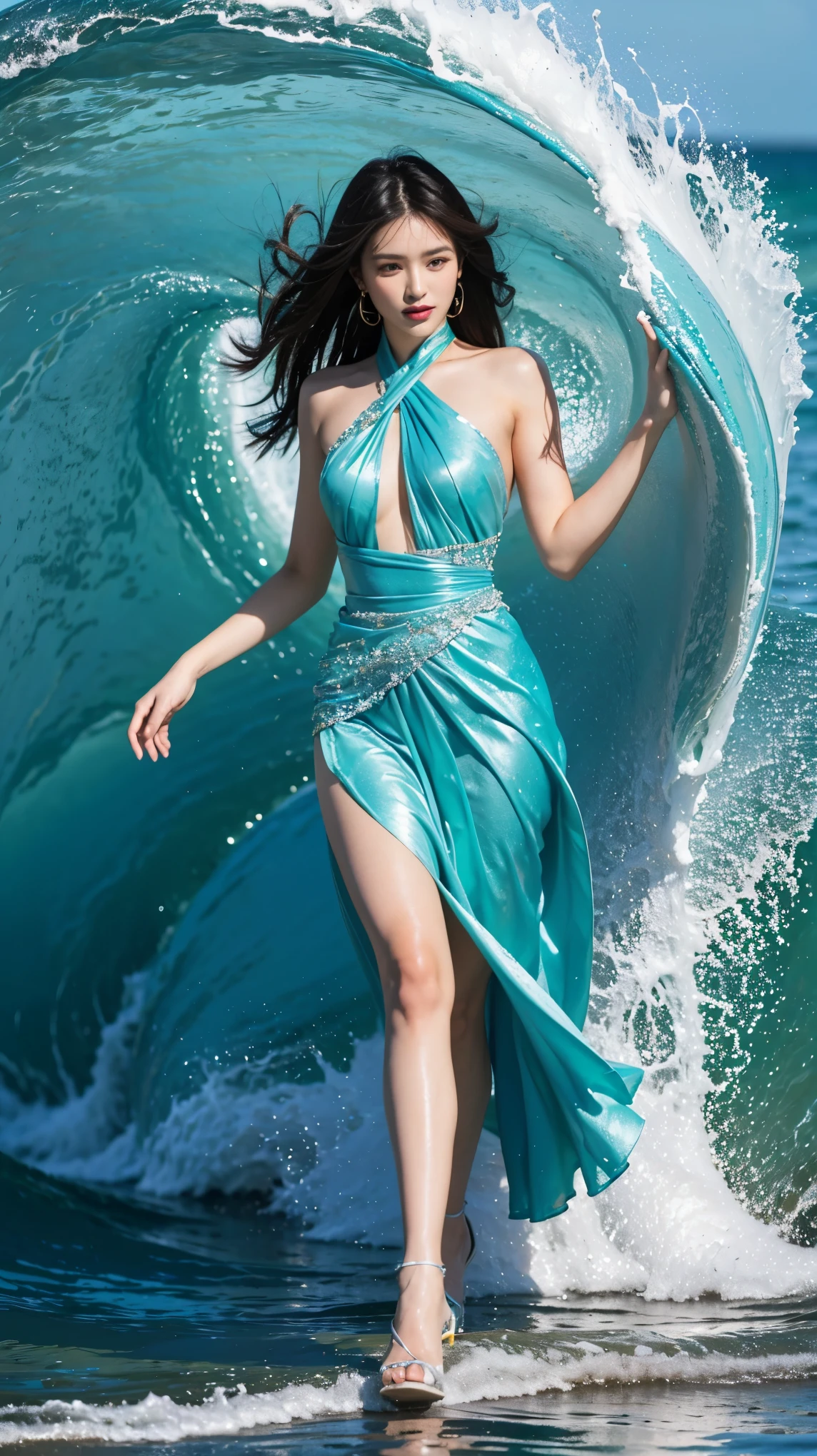 highest quality,masterpiece,ultra high resolution,(actual:1.4),original photo,ultra high resolution,8K,there is a woman,Fair skin,exquisite makeup,big waves,Turquoise dress,high heels,long legs,bright and beautiful,sexy random poses,