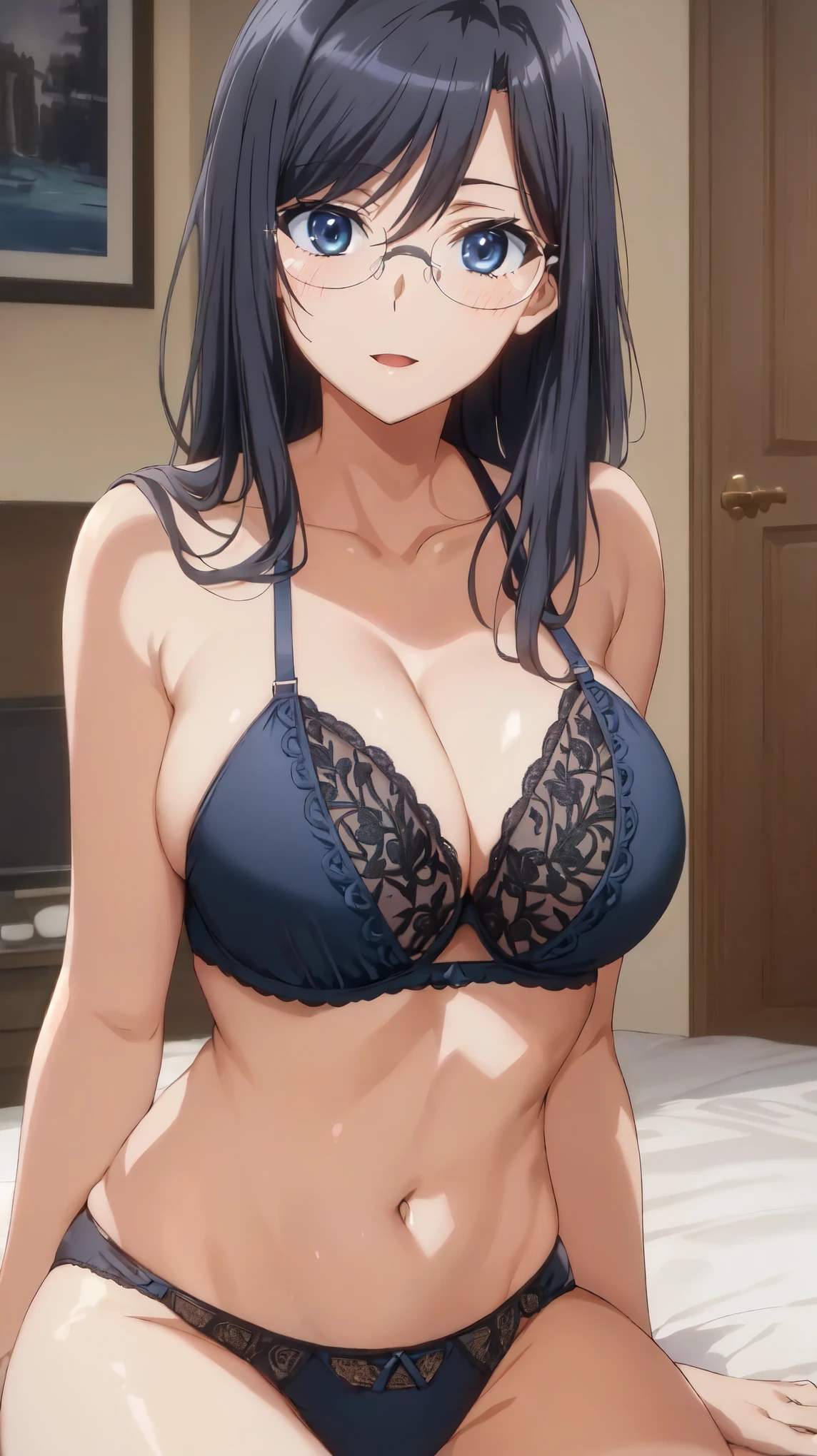 (masterpiece, highest quality, High resolution),(beautiful face:1.2), morning, anime,(semi-long:1.3), (black hair, blue eyes, Glasses,:1.3),(vivid color,bright light),(Aesthetic Anime Eyes:1.2),slender,straight hair,(nsfw),(black underwear:1.4),(luxury underwear:1.3),(26 years old:1.2),(large breasts:1.4),cleavage, indoors, sitting,spread my legs, smile,blush, open your mouth a little, Thigh,,embarrassing,(black underwear:1.4),