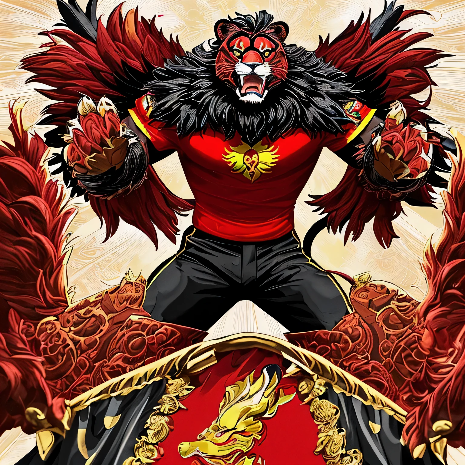 This Sport Club Recife lion mascot has a luxurious mane in vibrant shades of red and black, que se destacam com intensidade. Its coat is adorned with intricate patterns that resemble the texture of football nets..., simbolizando o clube'tenacity and determination.the lion'Os olhos brilham em um tom profundo de vermelho, irradiando uma energia feroz e apaixonada. Its fangs are sharp and carved in a shiny black tone.., representing the strength and aggressiveness of the team on the field.Cada um dos mascotes'the front paws are wrapped in red and black bandages., gravado com os nomes do clube'Legendary Players, honoring its history and legacy. Its tail is robust and elegant, with alternating rings of red and black that move gracefully as he moves.To complement your appearance, he wears a red and black captain's cape, com o emblema do clube em destaque, convey authority and leadership. This Sport Club Recife lion mascot is a powerful representation of determination, courage and passion of the club, captivating the hearts of fans with his imposing and unique presence.