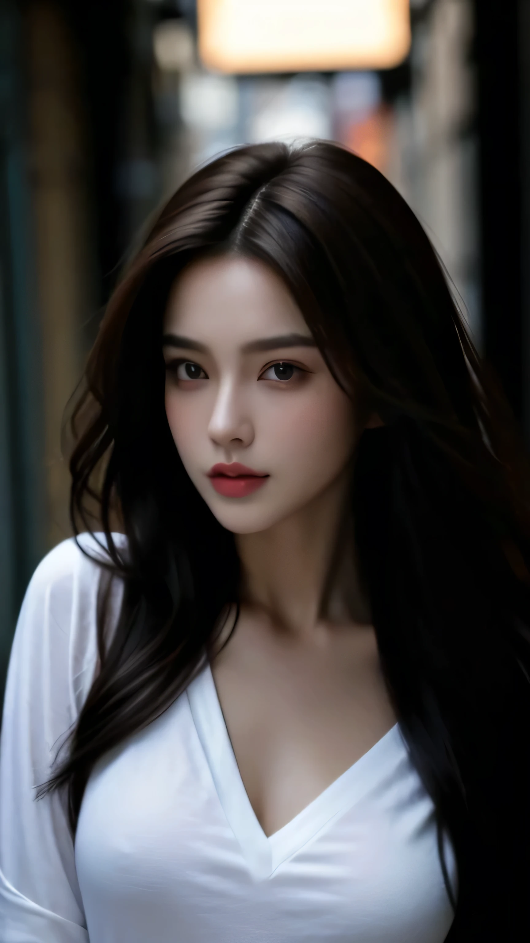 （best quality，High resolution，masterpiece：1.3），a tall and beautiful woman，street frontage，Dark brown hair，loose waves，big deal ，V-neck white shirt，dark alley，Details on faces and skin textures are beautifully rendered，charming eyes，charming eyes，double eyelids