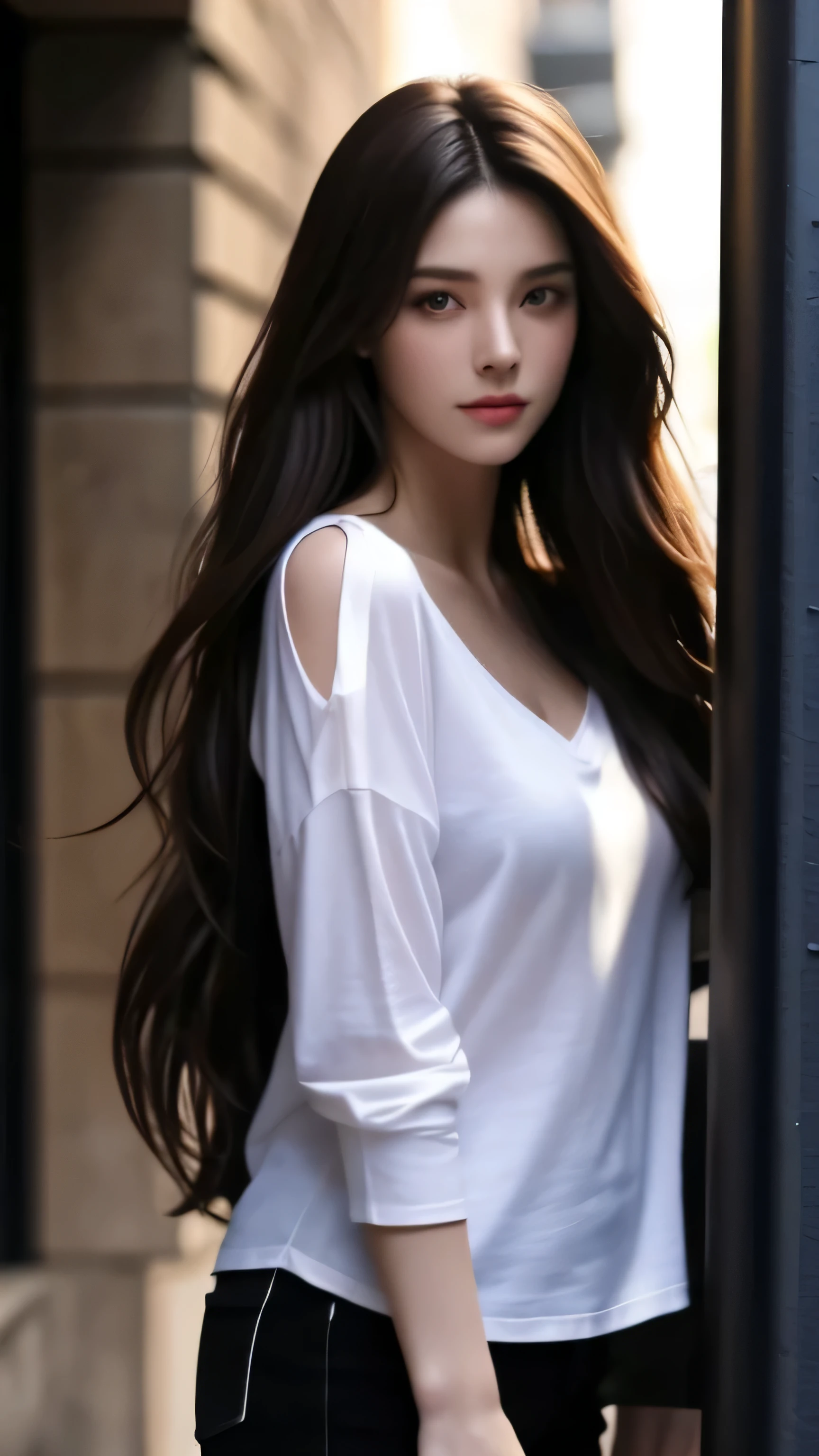 （best quality，High resolution，masterpiece：1.3），a tall and beautiful woman，street frontage，Dark brown hair，loose waves，big deal ，V-neck white shirt，dark alley，Details on faces and skin textures are beautifully rendered，charming eyes，charming eyes，double eyelids
