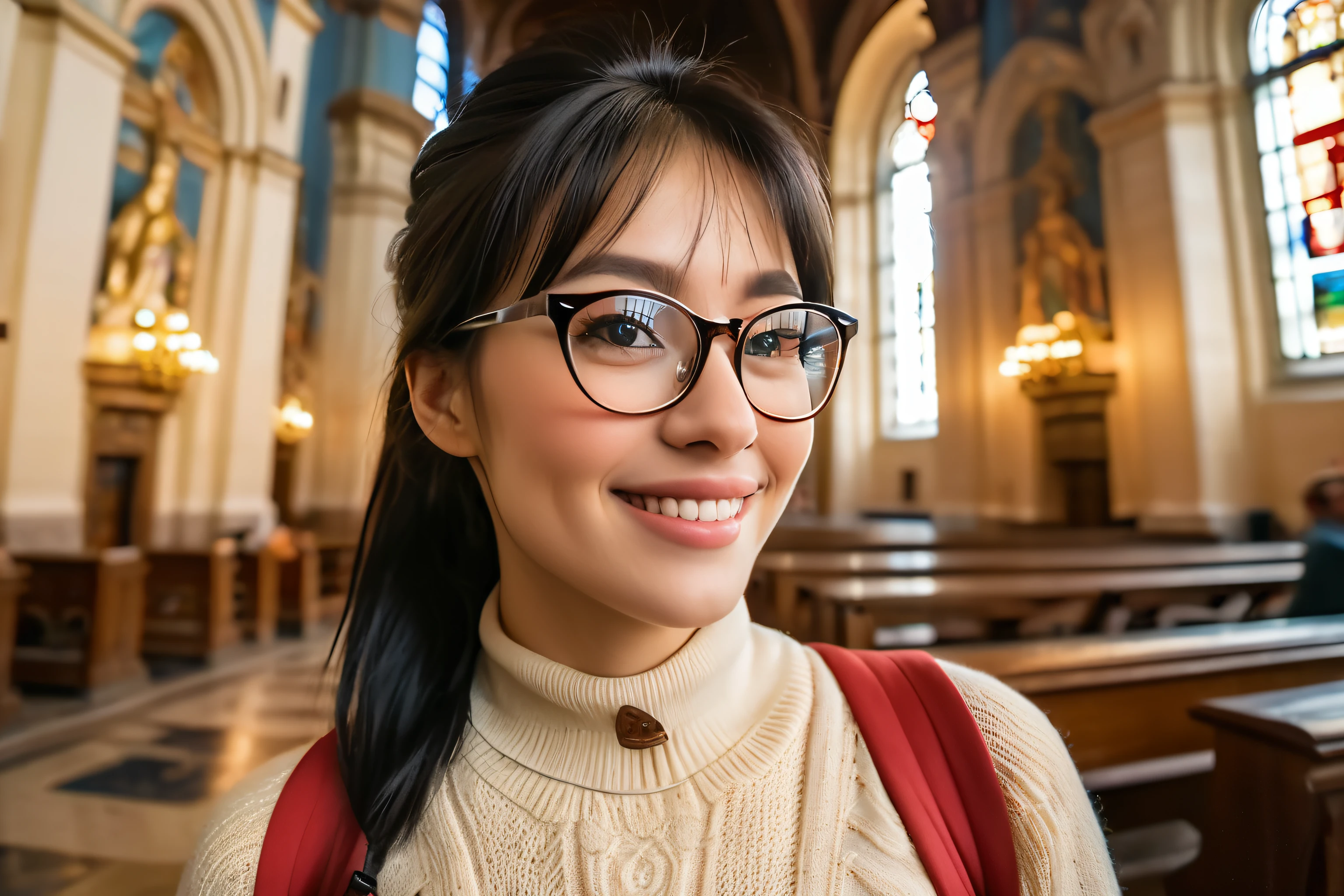((wide angle)) beautiful female tourist, Black hair tied into a ponytail, smooth, wearing large glasses, Smiling mouth, ((Wearing a skull-style outfit)) morning light, Church of the Savior on Blood