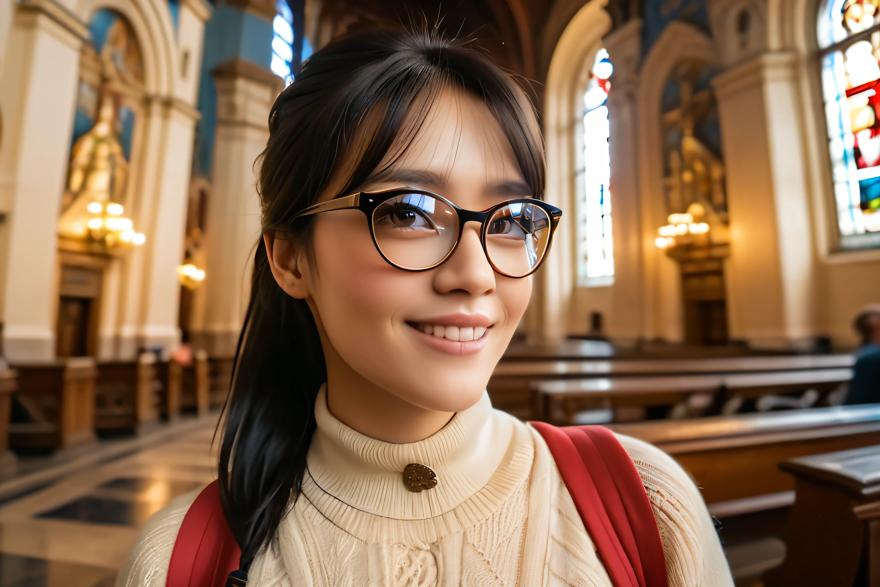 ((wide angle)) beautiful female tourist, Black hair tied into a ponytail, smooth, wearing large glasses, Smiling mouth, ((Wearing a skull-style outfit)) morning light, Church of the Savior on Blood