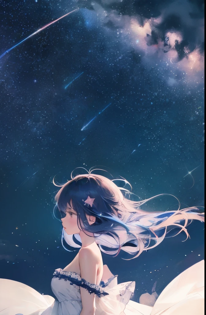 delicate composition, very detailed, highest quality,
1 girl, alone, stars in hair, messy floating hair, colored inner hair, The starry sky decorates your hair 