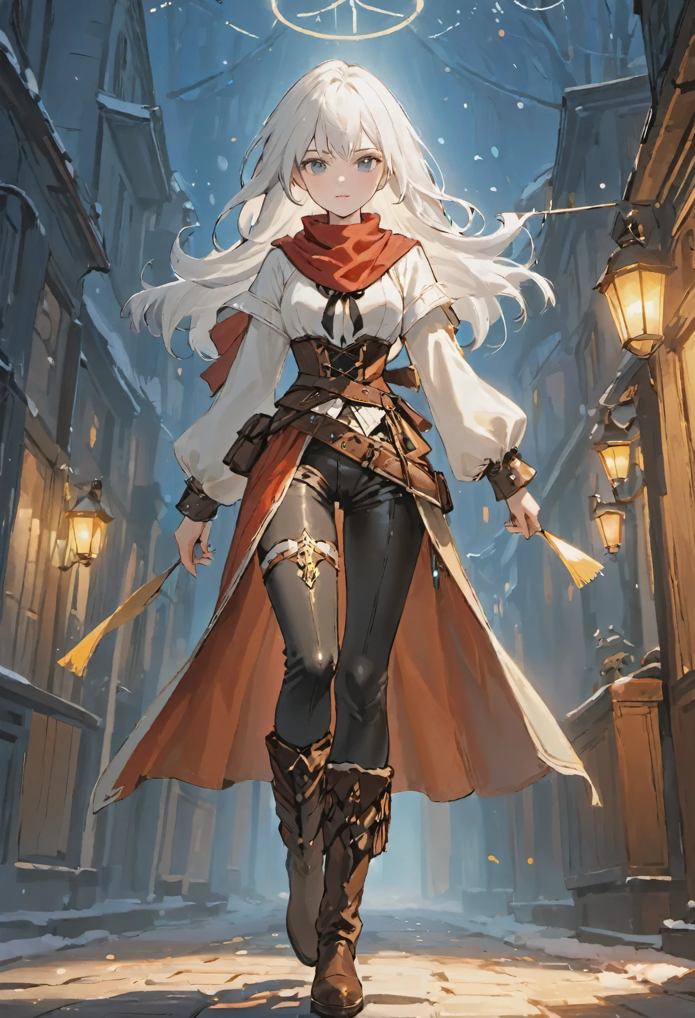 ((medium white hair)), sparkling pure white hair, female adventurer, game art style, (masterpiece), (colorful clothing), scarves, leather belts, half skirt over pants and boots, flowing blouse and leather corset, best quality, highres, 4k, 8k, Detailed Illustration, intricate detail, cinematic lighting, amazing quality, 1girl, fit female, amazing shading, soft lighting, facing camera, perfect eyes