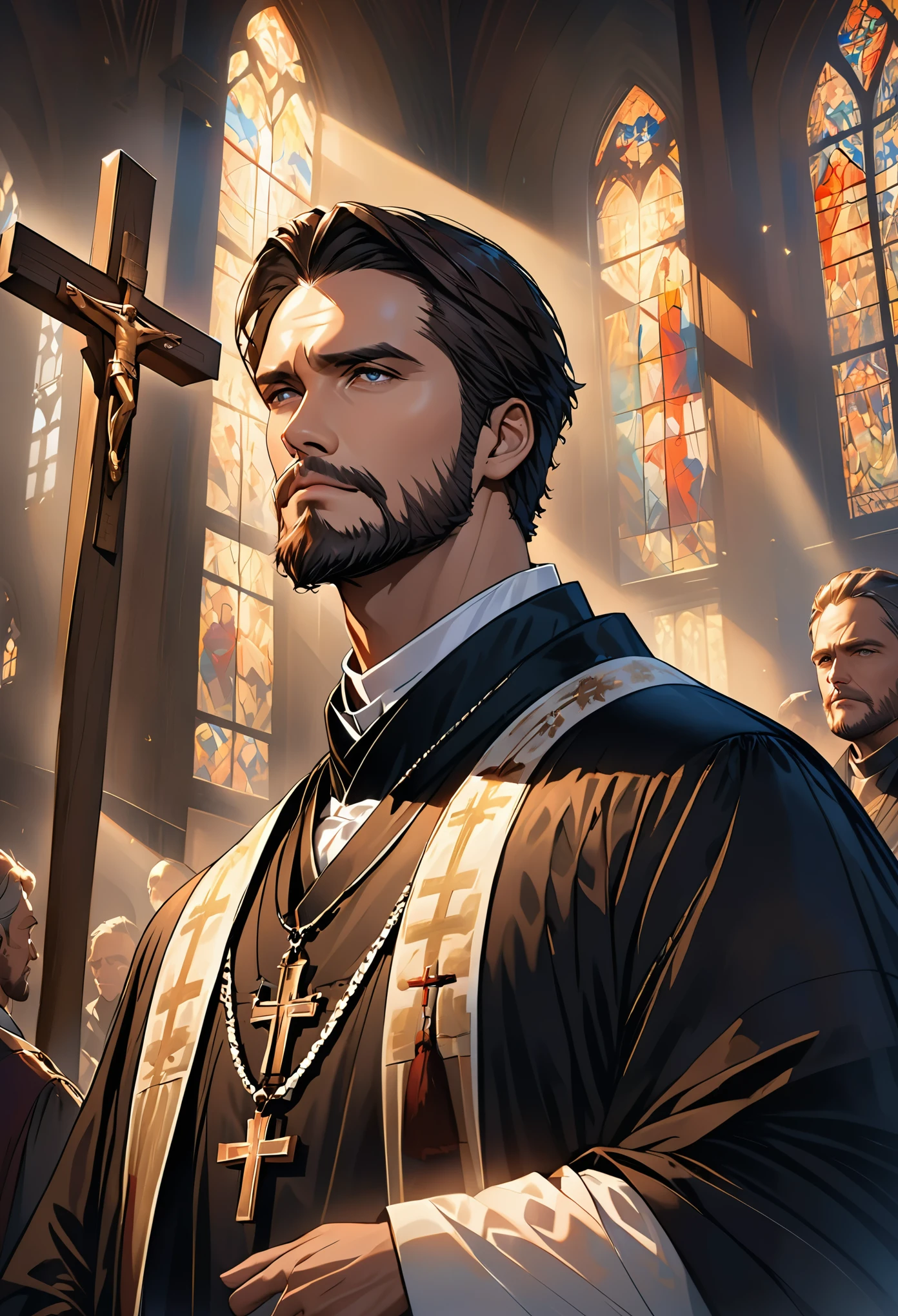 Male pastor, Martin Luther, black robe, older, handsome gentleman, beard, brown hair, Cross necklace, religion, church in background, dramatic lighting, movie angle, ultra high definition, masterpiece, Very detailed