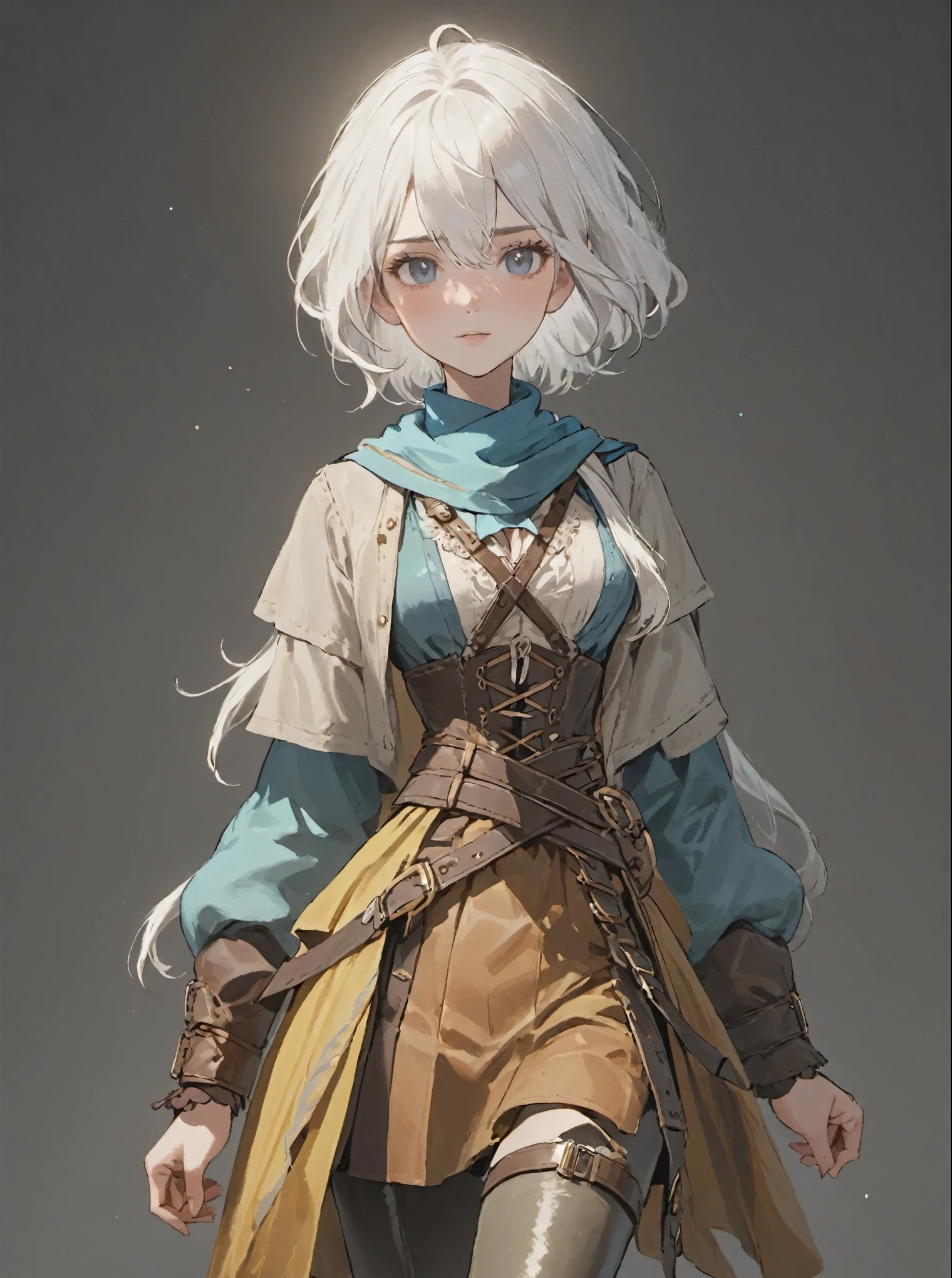 ((sparkling white hair)), white hair, female adventurer, game art style, (masterpiece), (muted colorful clothing), scarves, leather belts, half skirt over pants and boots, flowing blouse and leather corset, best quality, highres, 4k, 8k, Detailed Illustration, intricate detail, cinematic lighting, amazing quality, 1girl, fit female, amazing shading, soft lighting, facing camera