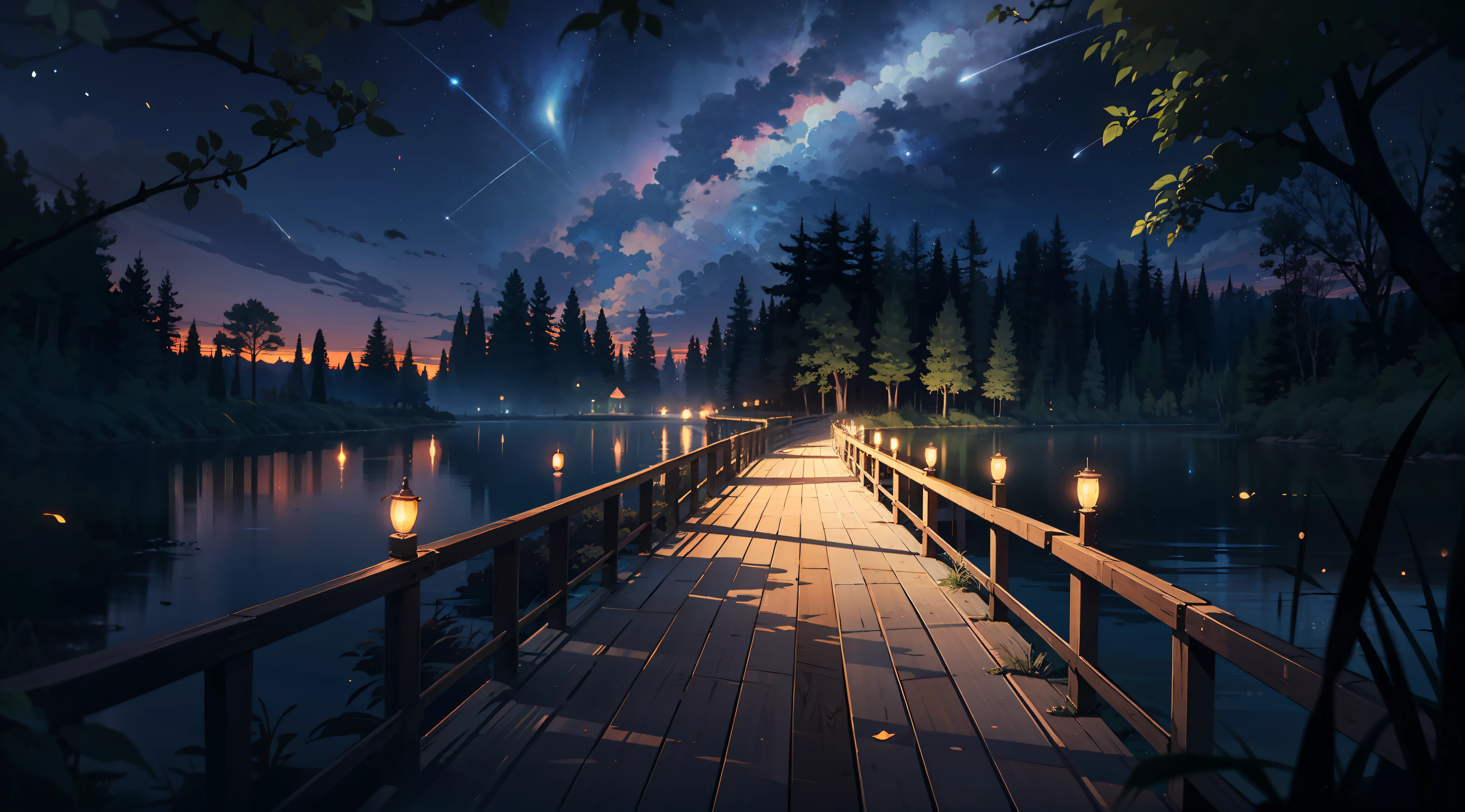 On a broken wooden bridge , night time , fireflies , dark , mystery , magical , mystery sky , lights , floading lantern , starry night sky , meteor