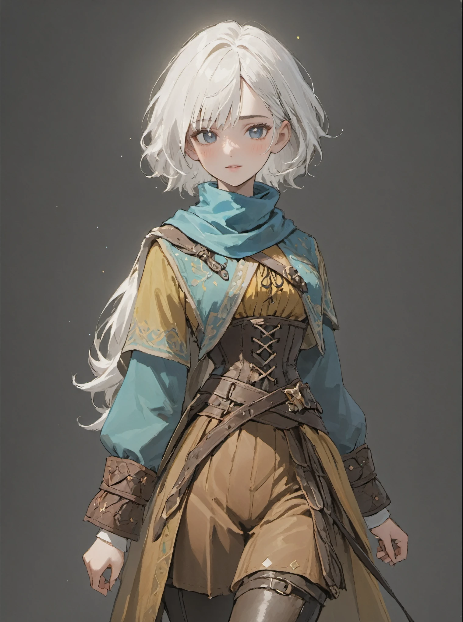 ((sparkling white hair)), white hair, female adventurer, game art style, (masterpiece),  (muted colorful clothing), scarves, leather belts, half skirt over pants and boots, flowing blouse and leather corset, best quality, highres, 4k, 8k, Detailed Illustration, intricate detail, cinematic lighting, amazing quality, 1girl, fit female, amazing shading, soft lighting, facing camera