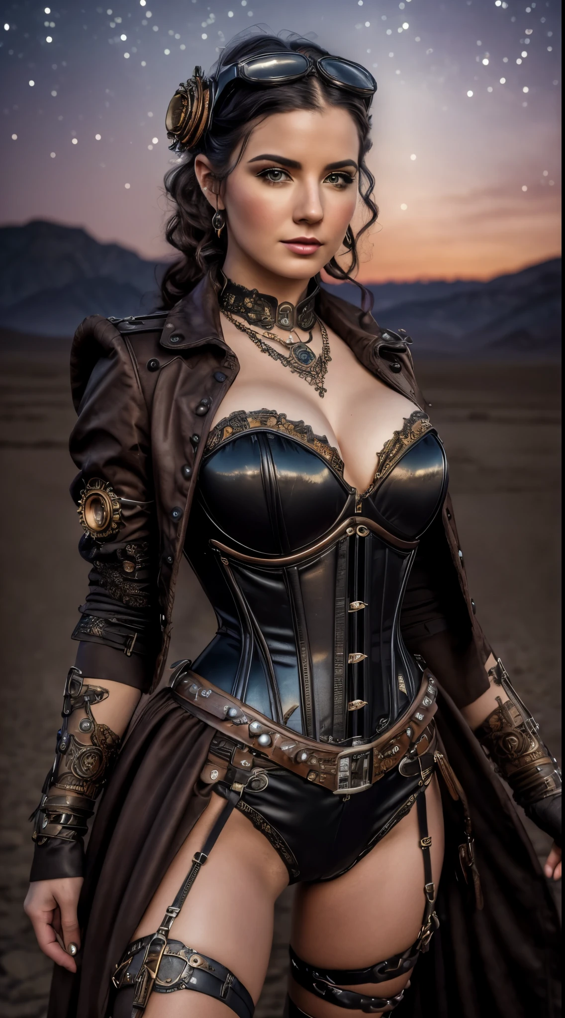 (best quality,4k,highres,masterpiece:1.2),ultra-detailed,realistic,portrait,steampunk,glamour,beautiful woman,dramatic,steampunk burlesque outfit,intricate detailing,corset,accessories,futuristic desert planet background,nebula,night sky,portrait photography,soft focus,high contrast