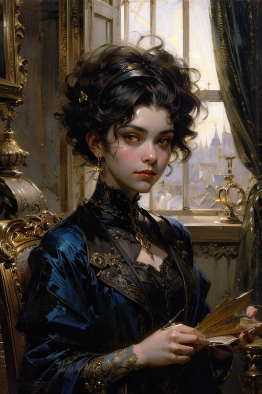 una pintura de una mujer con un vestido negro sosteniendo un abanico, an art painting by Yang J., Ganador del concurso Artstation, gothic art, estilo de karol bak, Obra maestra de Guweiz, guweiz, muy muy roberto ferri, jeremy lipkin, konstantin razumov, estilo de dono giancola, el estilo de wlop