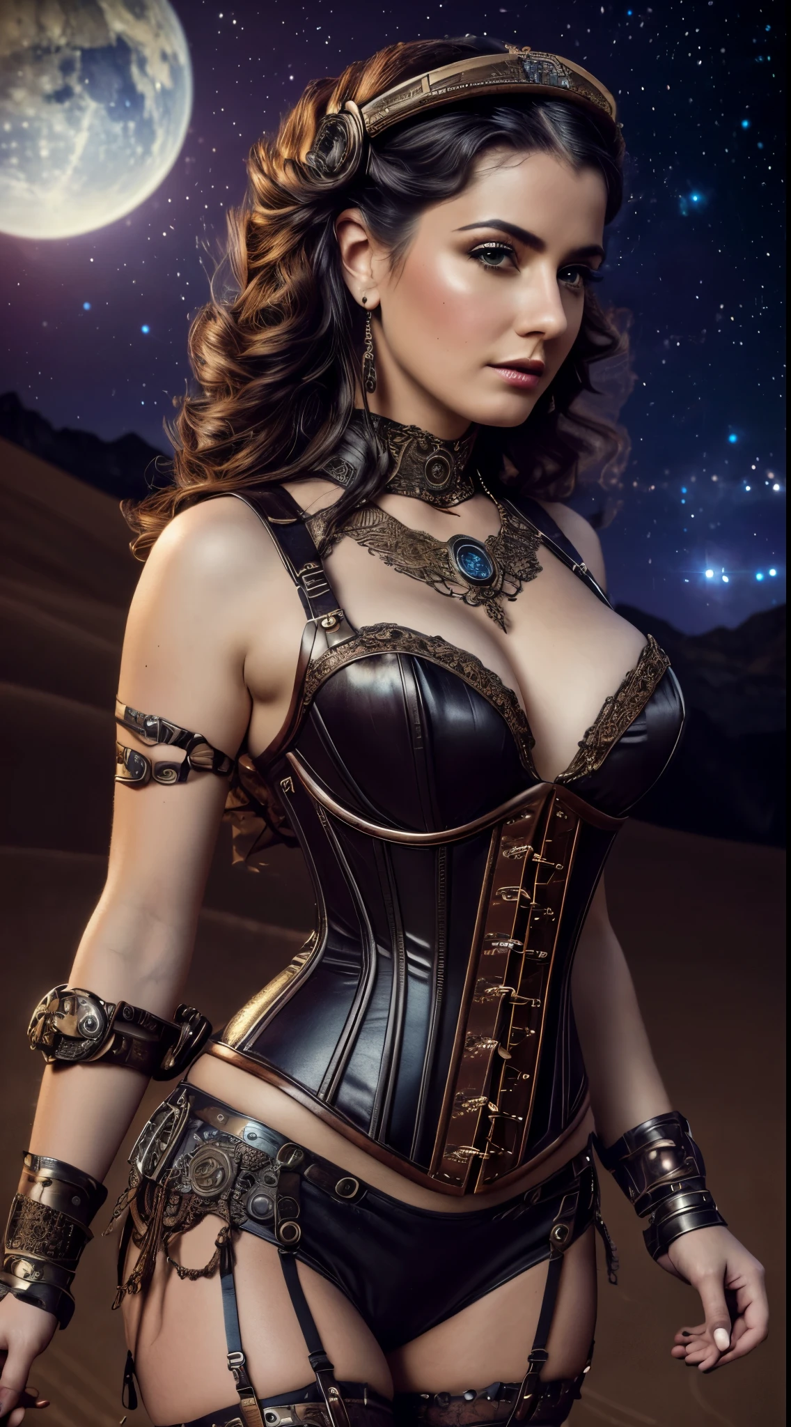 (best quality,4k,highres,masterpiece:1.2),ultra-detailed,realistic,portrait,steampunk,glamour,beautiful woman,dramatic,steampunk burlesque outfit,intricate detailing,corset,accessories,futuristic desert planet background,nebula,night sky,portrait photography,soft focus,high contrast