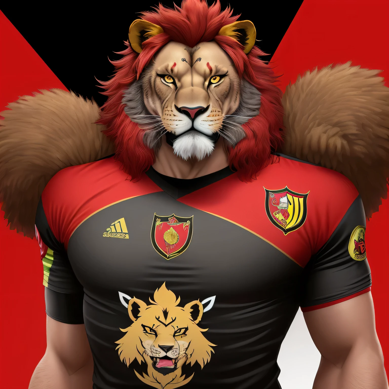 This Sport Club Recife lion mascot has a luxurious mane in vibrant shades of red and black, que se destacam com intensidade. Its coat is adorned with intricate patterns that resemble the texture of football nets..., simbolizando o clube&#39;tenacity and determination.the lion&#39;Os olhos brilham em um tom profundo de vermelho, irradiando uma energia feroz e apaixonada. Its fangs are sharp and carved in a shiny black tone.., representing the strength and aggressiveness of the team on the field.Cada um dos mascotes&#39;the front paws are wrapped in red and black bandages., gravado com os nomes do clube&#39;Legendary Players, honoring its history and legacy. Its tail is robust and elegant, with alternating rings of red and black that move gracefully as he moves.To complement your appearance, he wears a red and black captain&#39;s cape, com o emblema do clube em destaque, convey authority and leadership. This Sport Club Recife lion mascot is a powerful representation of determination, courage and passion of the club, captivating the hearts of fans with his imposing and unique presence.