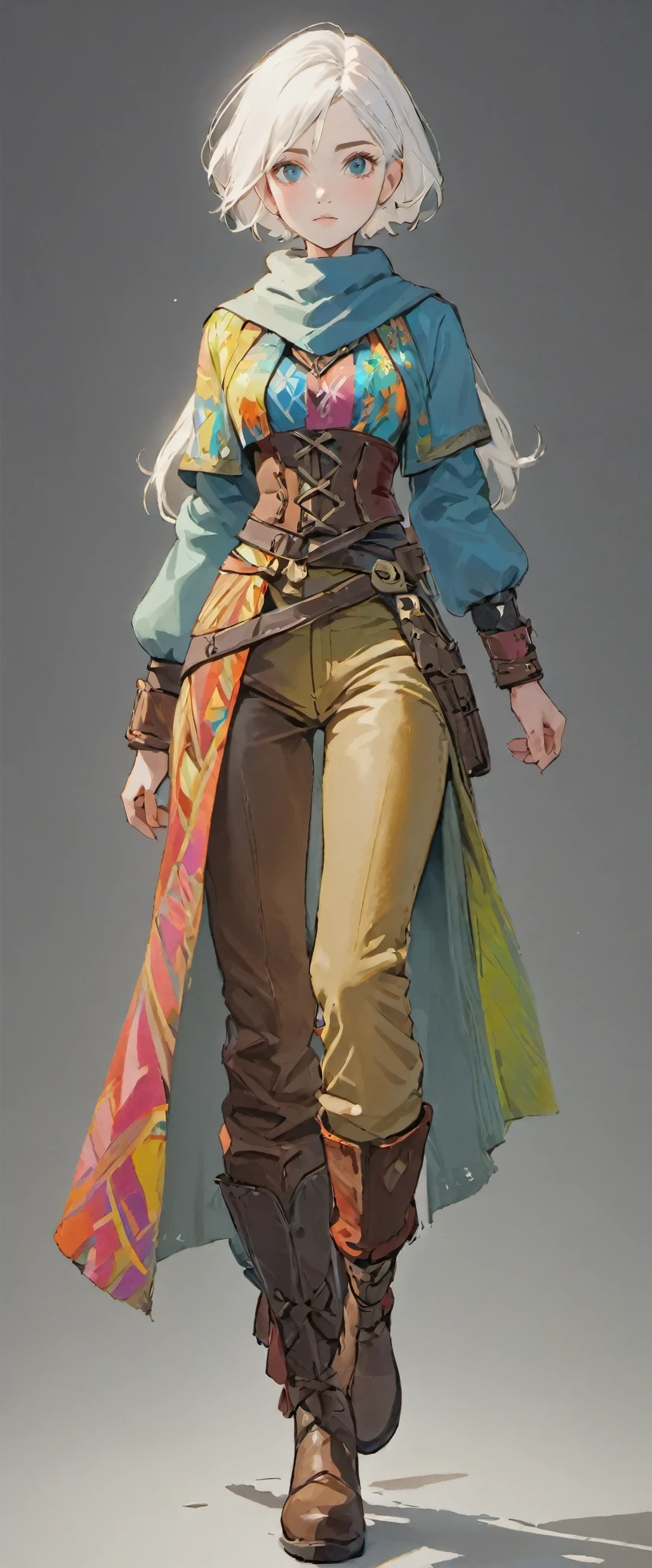 ((white hair)), white hair, female adventurer, full body, game art style, (masterpiece), (colorful clothing 1:5), scarves, leather belts, half skirt over pants and boots, flowing blouse and leather corset, best quality, highres, 4k, 8k, Detailed Illustration, intricate detail, cinematic lighting, amazing quality, 1girl, fit female, amazing shading, soft lighting, facing camera, perfect eyes