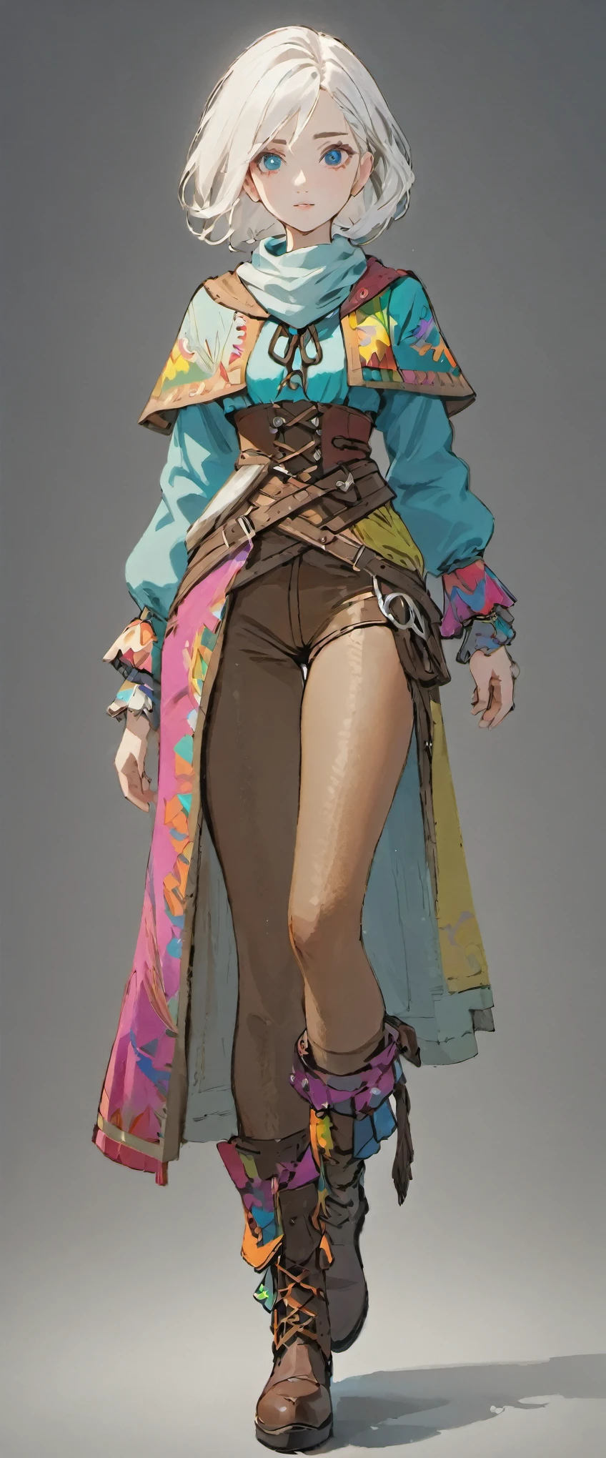 ((white hair)), white hair, female adventurer, full body, game art style, (masterpiece),  (colorful clothing 1:5), scarves, leather belts, half skirt over pants and boots, flowing blouse and leather corset, best quality, highres, 4k, 8k, Detailed Illustration, intricate detail, cinematic lighting, amazing quality, 1girl, fit female, amazing shading, soft lighting, facing camera, perfect eyes
