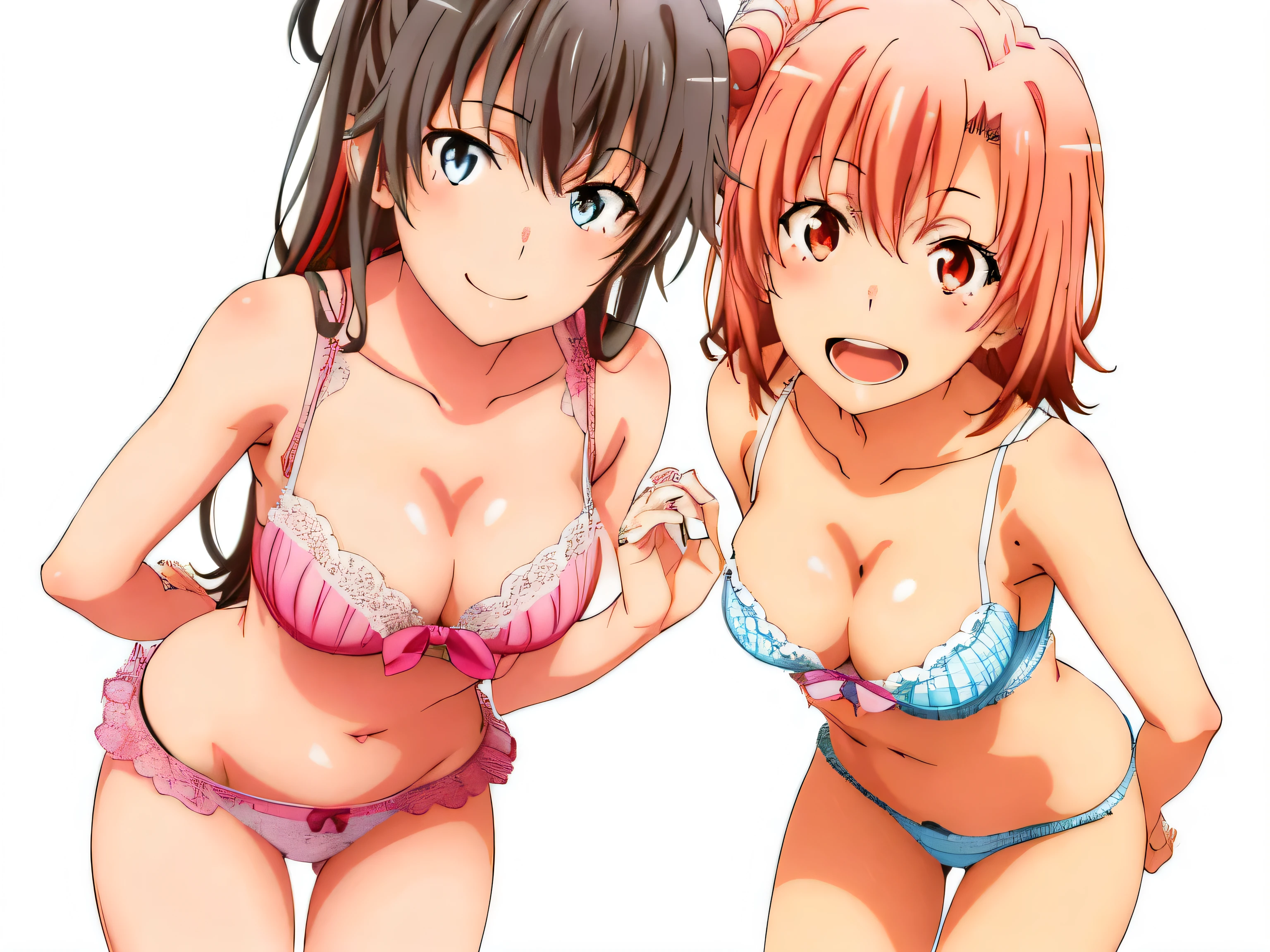 2 girls , (yuigahama yui'bust and thighs are great),(Yukinoshita Yukino),,In underwear,they have their hands behind their backs,white bra,pink good,belly button,,(white panties:1.0),(pink panties:1.0),(thighs),knees,((high angle)),(beautiful eyes),look at the camera,open your mouth,smile,Insert your head
