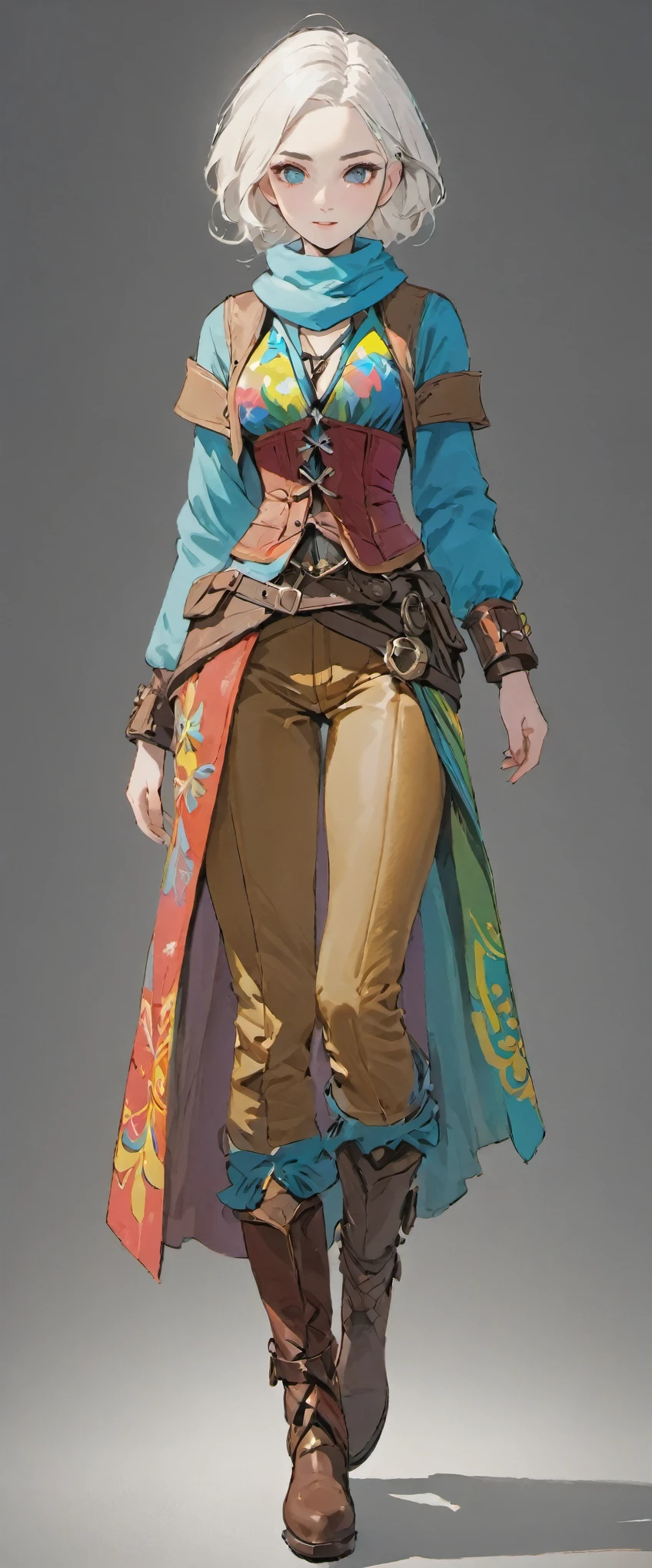 ((white hair)), white hair, female adventurer, full body, game art style, (masterpiece), (colorful clothing 1:5), scarves, leather belts, half skirt over pants and boots, flowing blouse and leather corset, best quality, highres, 4k, 8k, Detailed Illustration, intricate detail, cinematic lighting, amazing quality, 1girl, fit female, amazing shading, soft lighting, facing camera, perfect eyes