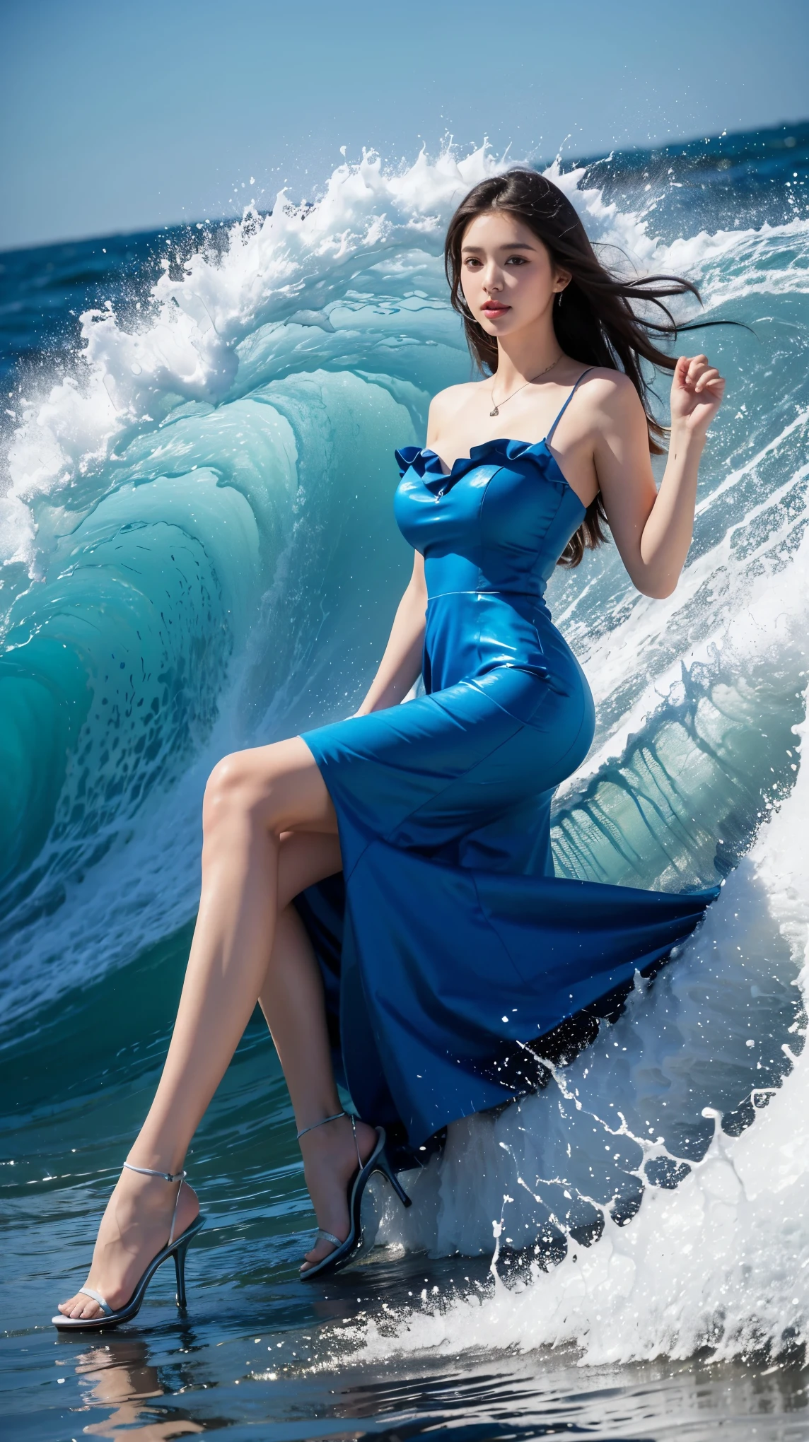 highest quality,masterpiece,Ultra-high resolution,(Actual:1.4),Original photo,Ultra-high resolution,8k,There are also women,Fair skin,Exquisite makeup,Big waves,Turquoise Dress,High heels,Long legs,Bright and beautiful,Exposing her ass,Camel Toe、Giant tit、Nipple Puffs、Cleavage、Plump、Super big breasts、Super big butt