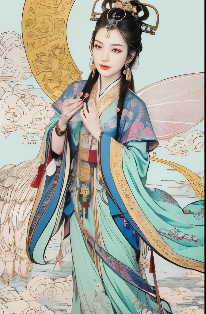(masterpiece, top quality, best quality, official art, The face is beautiful and beautiful:1.2), (1 Chinese goddess,Chang'e fairy:1.5), Very detailed,(Dunhuang art:1.1),(Dunhuang is rich and colorful:1.1)(flowers:1.3),most detailed,(Chinese painting:1.2), (Dynamic flight attitude,Foot on the white clouds), (Heavenly Palace, White clouds and bright moon background:1.3), (Chinese Hanfu embroidery fabric:1.2), (shiny skin), (Many colors:1.4), ,(earrings:1.4),